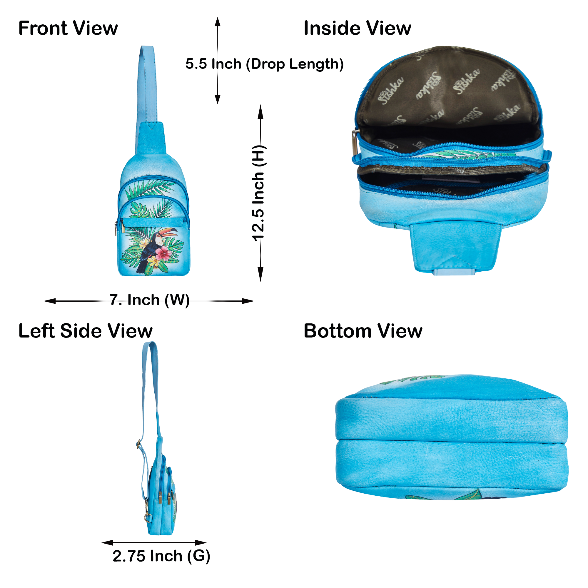 Sishka Hand-Painted ladies Blue Leather Fanny Pack – Waist Bag & Crossbody Sling with Adjustable Strap & Secure Pockets.