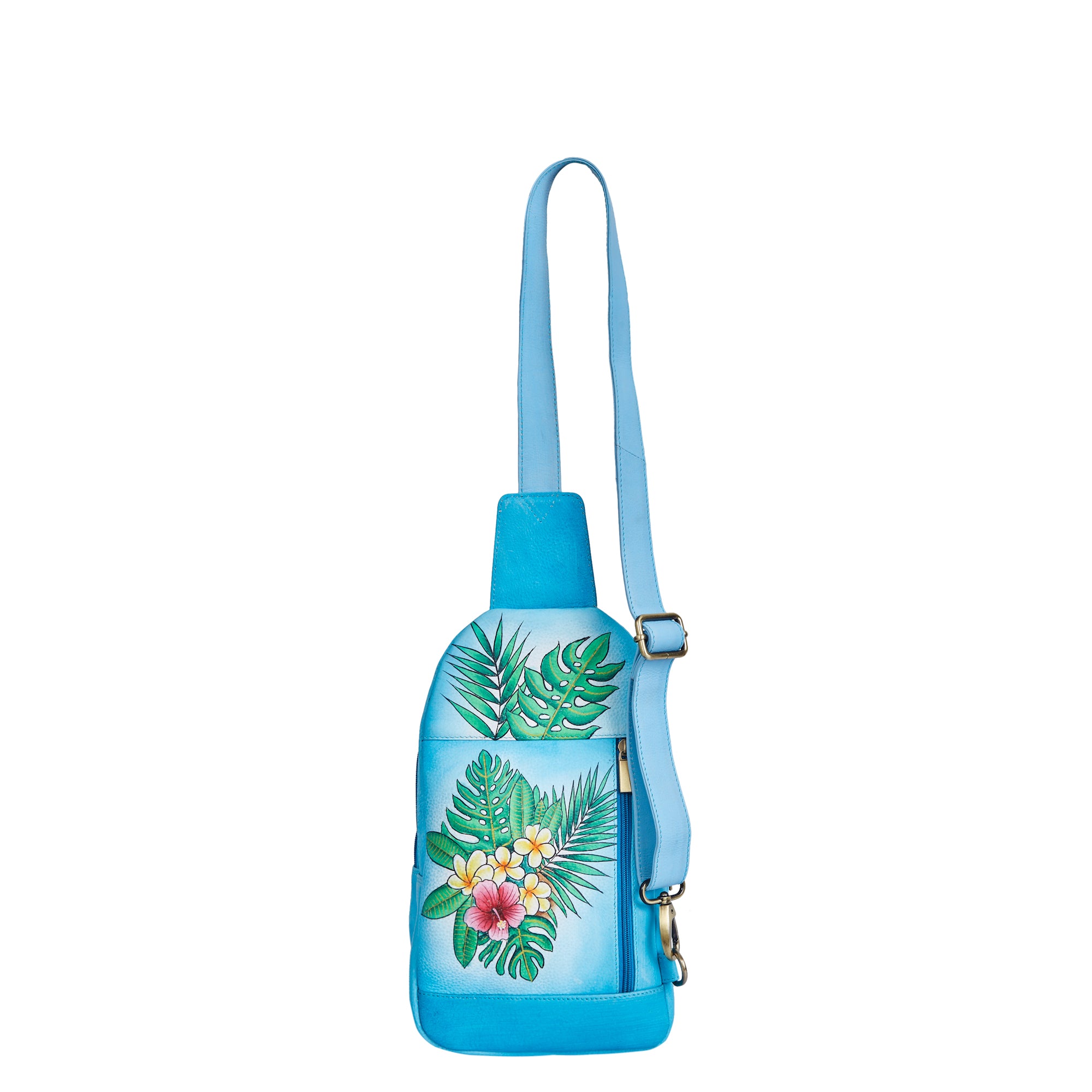 Sishka Hand-Painted ladies Blue Leather Fanny Pack – Waist Bag & Crossbody Sling with Adjustable Strap & Secure Pockets.