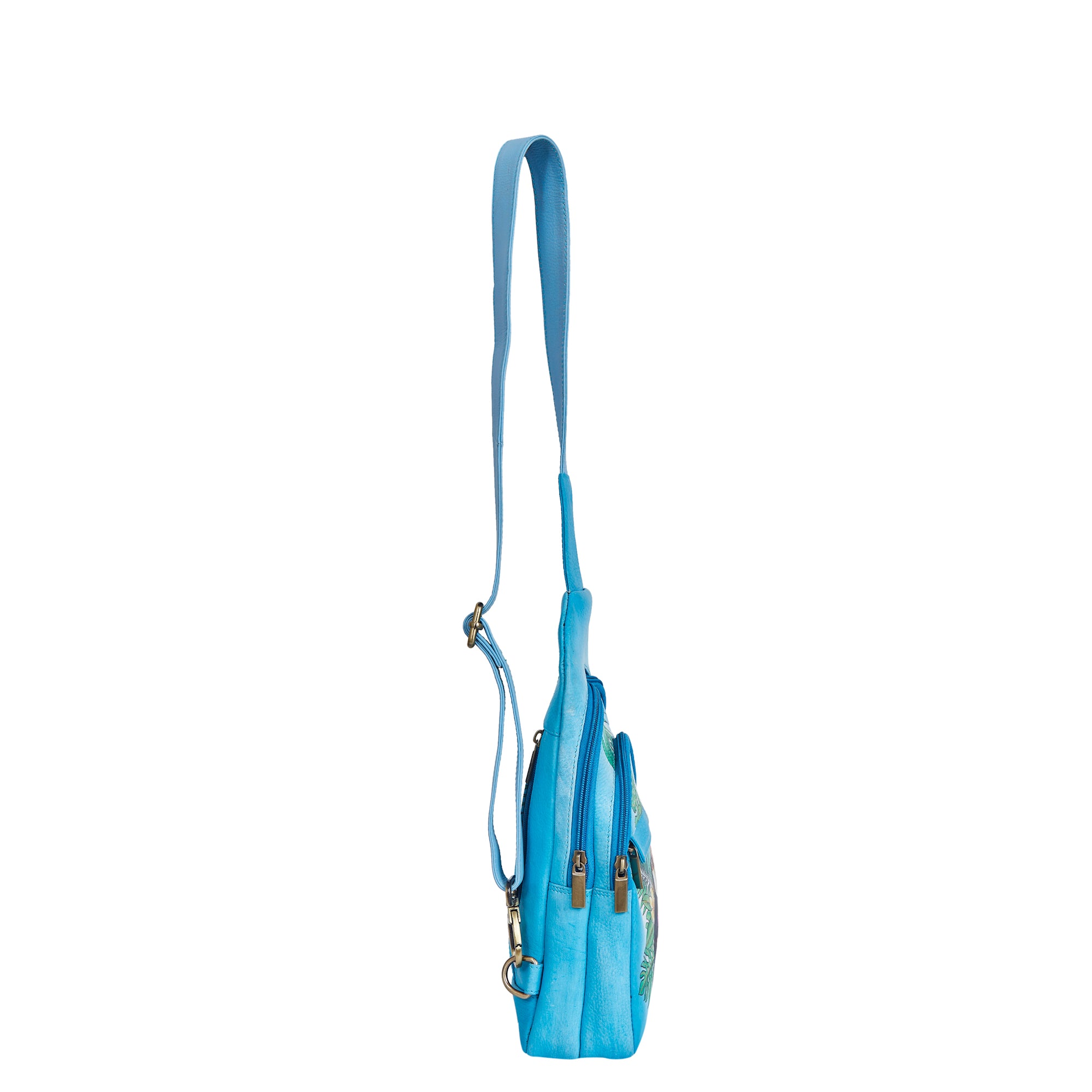 Sishka Hand-Painted ladies Blue Leather Fanny Pack – Waist Bag & Crossbody Sling with Adjustable Strap & Secure Pockets.