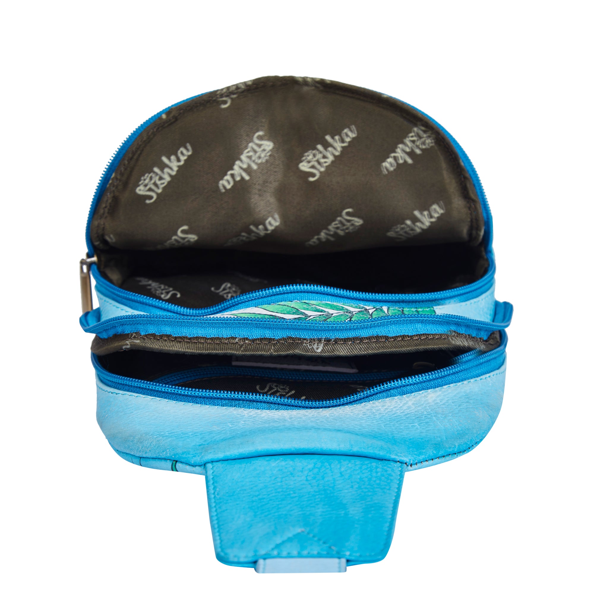 Sishka Hand-Painted ladies Blue Leather Fanny Pack – Waist Bag & Crossbody Sling with Adjustable Strap & Secure Pockets.