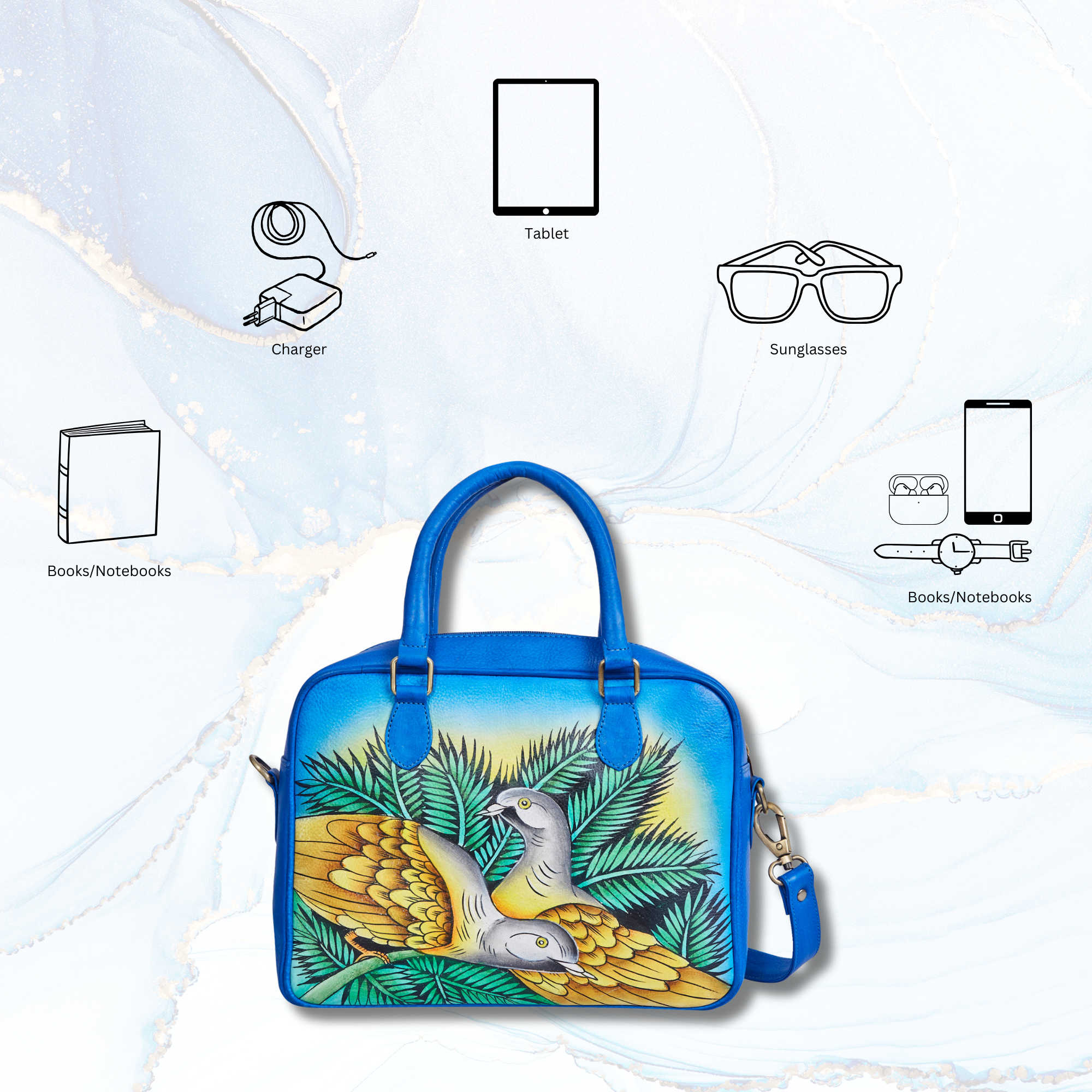 Sishka Hand-Painted Blue Women Leather Handbag – Elegant Bird & Leaf Design, Stylish & Spacious Crossbody Satchel with Removable Strap.