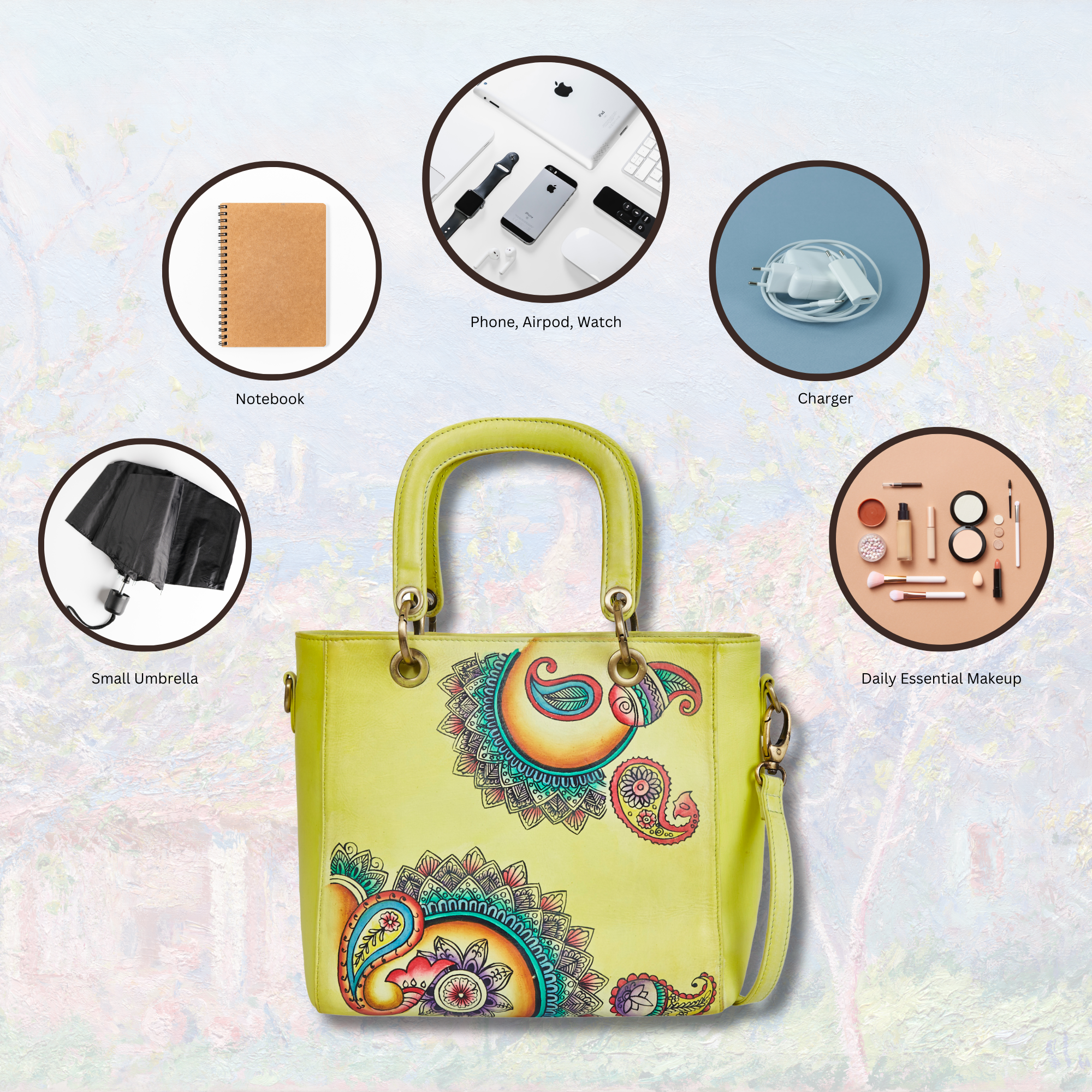 Sishka Leather Hand-Painted Yellow Mandala Handbag – Stylish & Versatile satchel bag for ladies