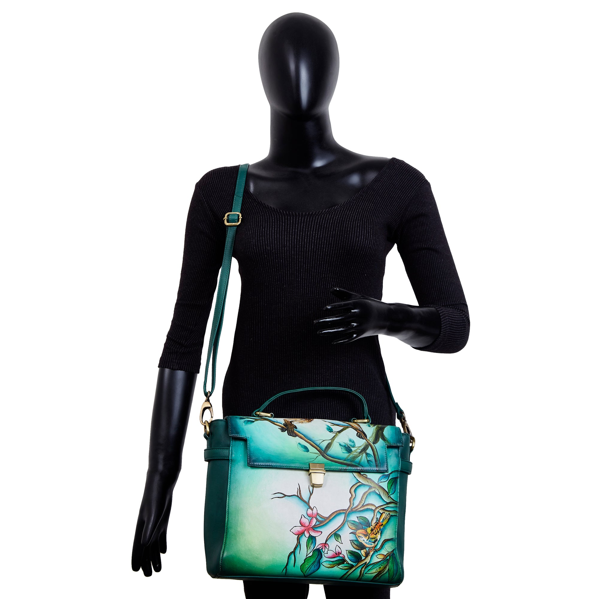 Sishka Hand-Painted Green Handbag – Elegant Bird & Floral Design, Versatile Leather Crossbody & Satchel with Removable Strap.