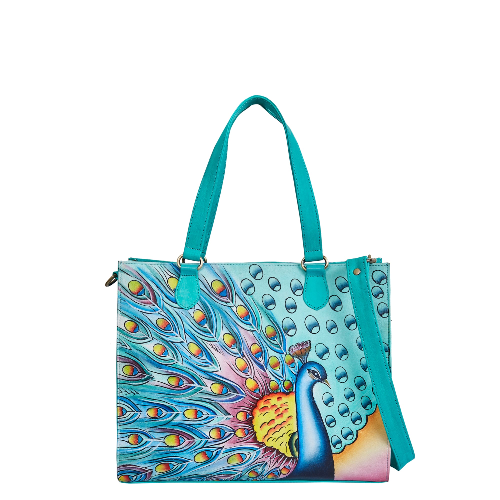 Sishka Leather Hand-Painted Handbag – Elegant Peacock Art, Spacious Satchel & Shoulder Purse with Detachable Strap.