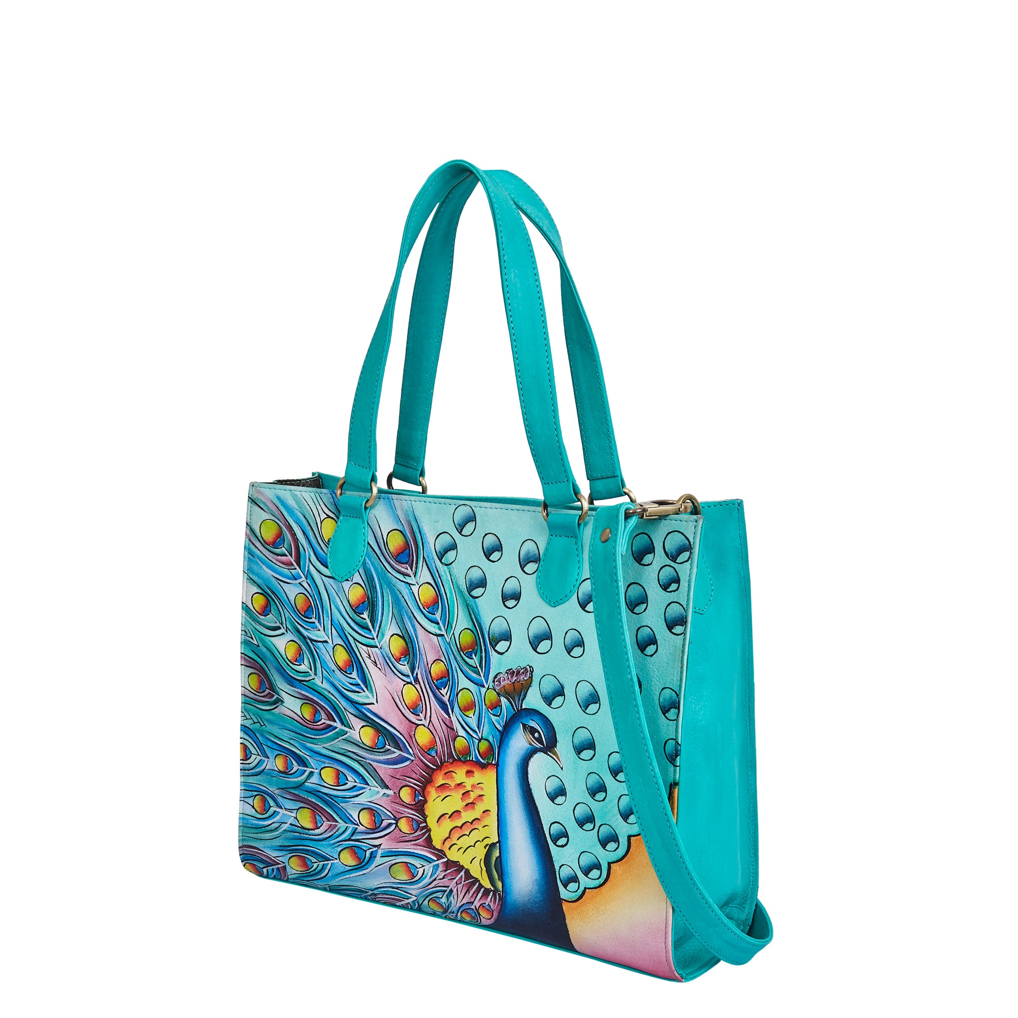 Sishka Leather Hand-Painted Handbag – Elegant Peacock Art, Spacious Satchel & Shoulder Purse with Detachable Strap.