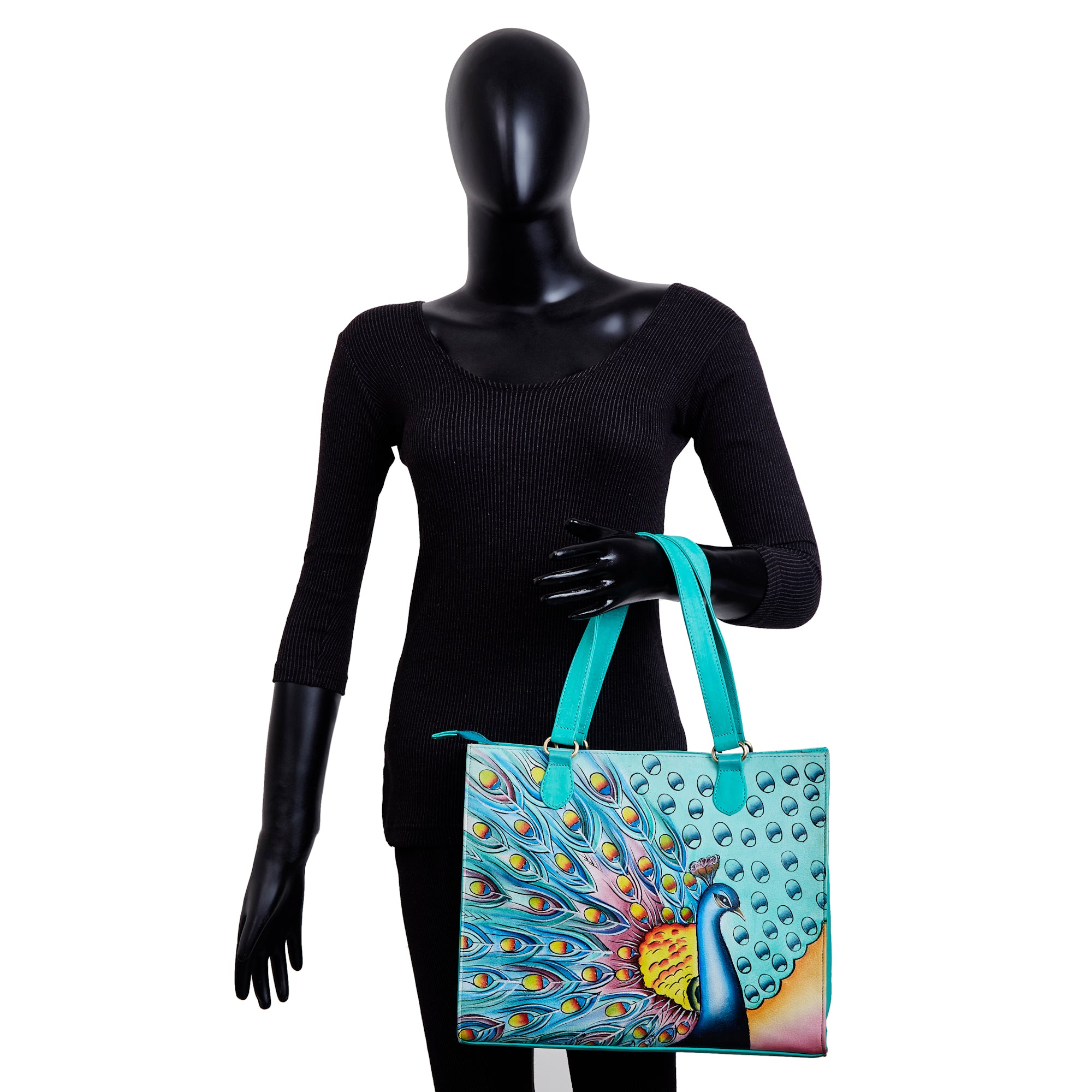 Sishka Leather Hand-Painted Handbag – Elegant Peacock Art, Spacious Satchel & Shoulder Purse with Detachable Strap.