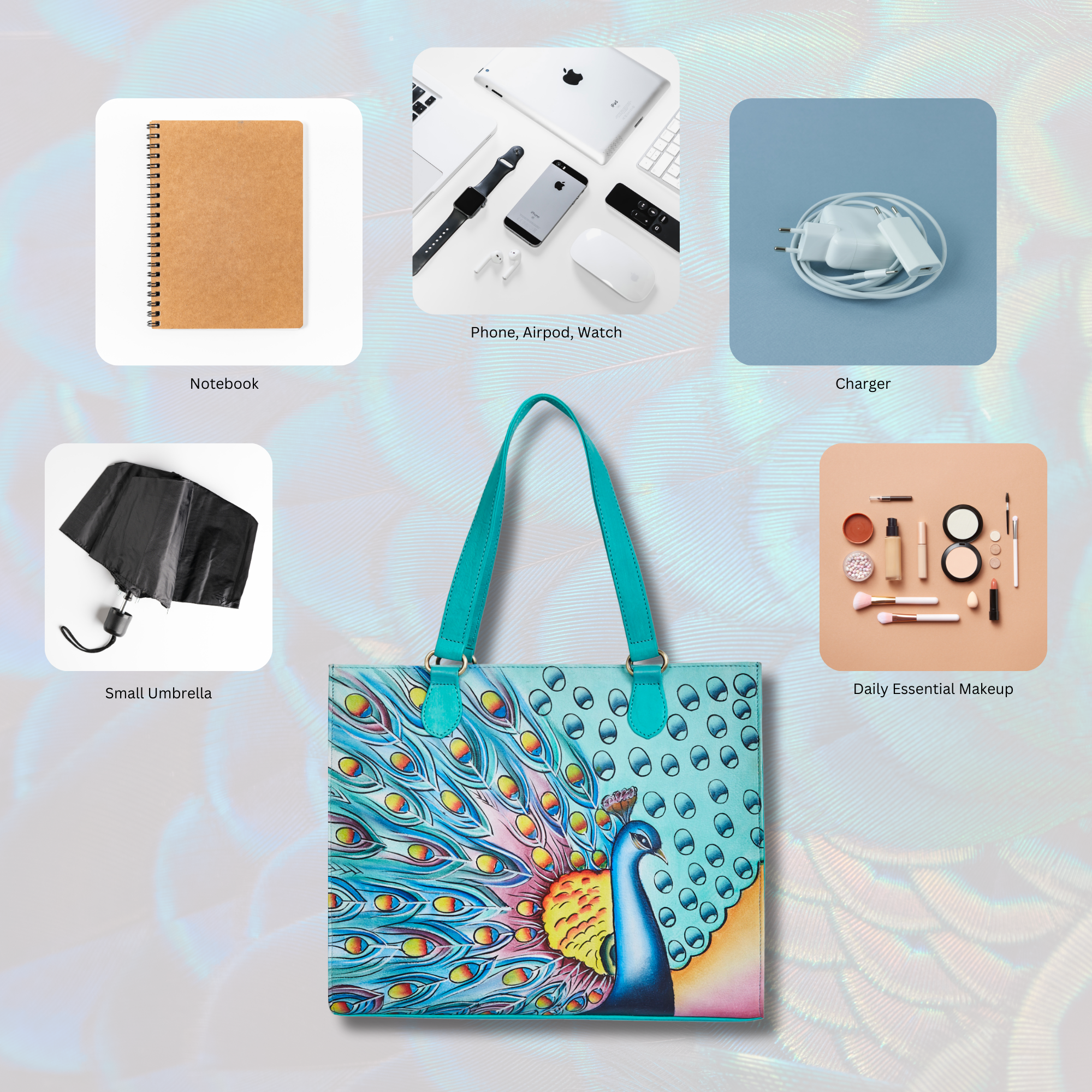 Sishka Leather Hand-Painted Handbag – Elegant Peacock Art, Spacious Satchel & Shoulder Purse with Detachable Strap.