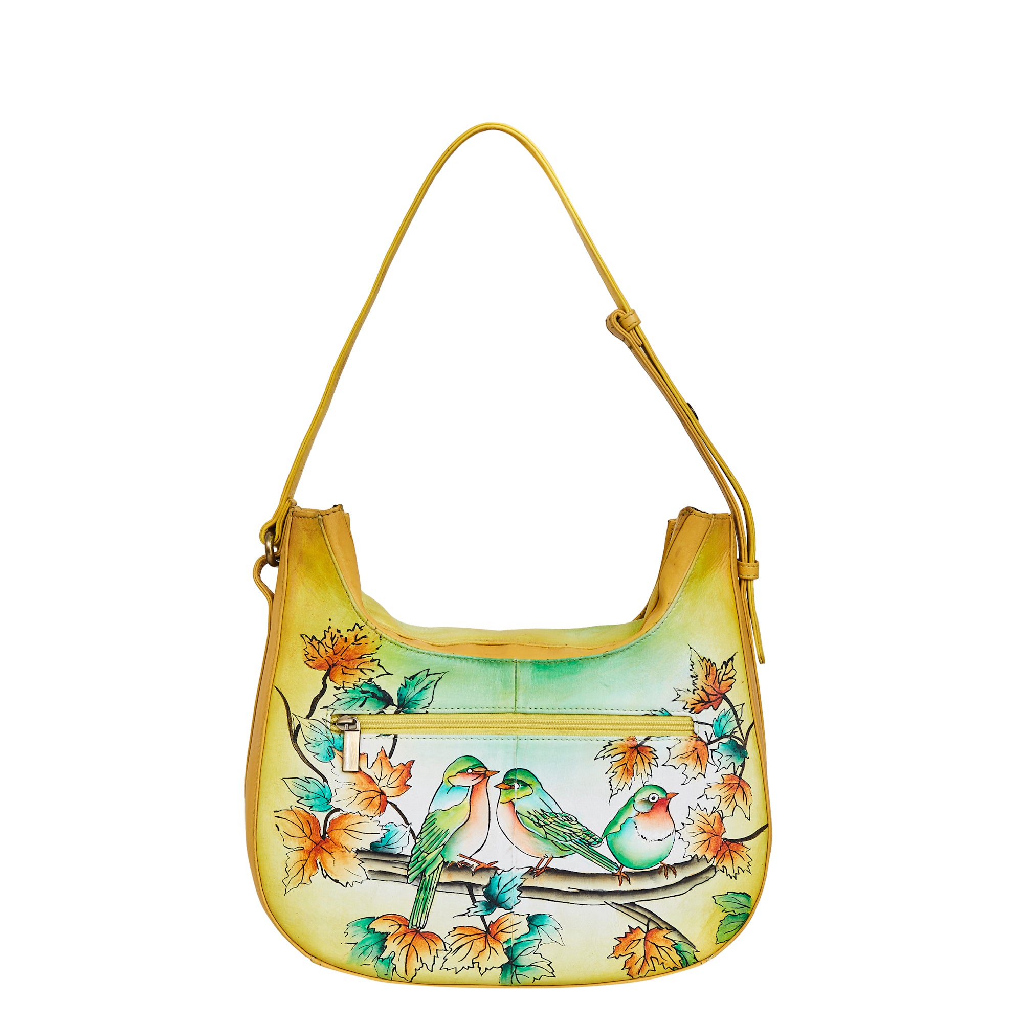 Hand-Painted Women's Leather Hobo Bag – Bird Art, Stylish Shoulder Purse & Satchel with Versatile Carry Straps.