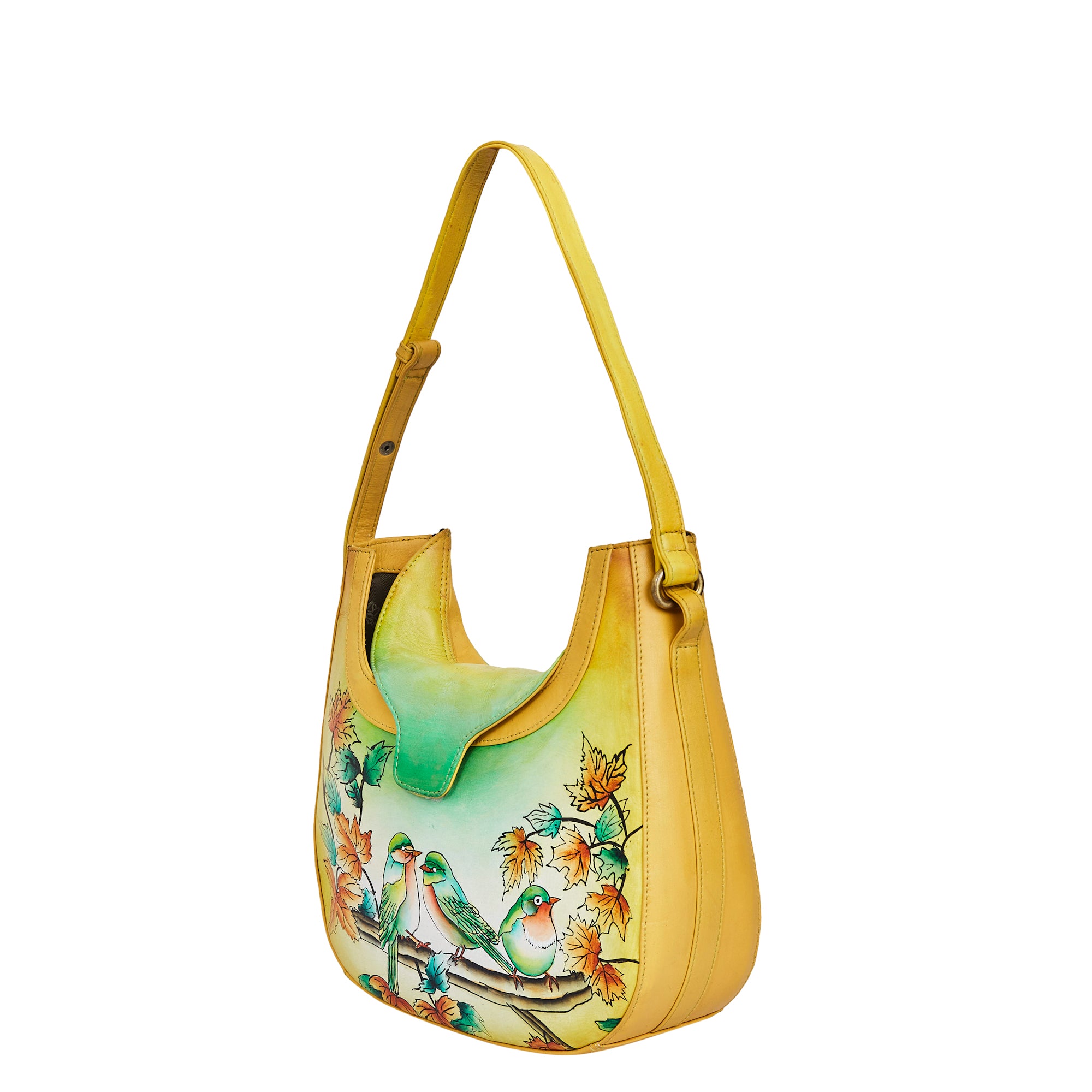 Hand-Painted Women's Leather Hobo Bag – Bird Art, Stylish Shoulder Purse & Satchel with Versatile Carry Straps.