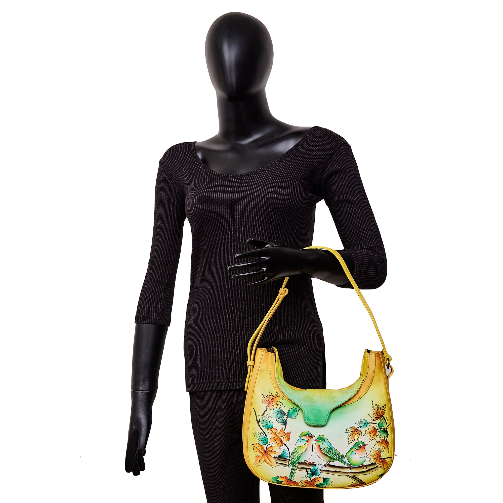 Hand-Painted Women's Leather Hobo Bag – Bird Art, Stylish Shoulder Purse & Satchel with Versatile Carry Straps.