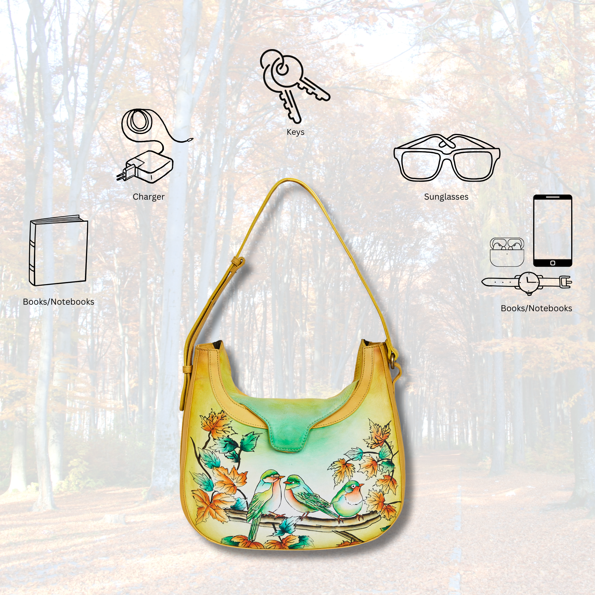 Hand-Painted Women's Leather Hobo Bag – Bird Art, Stylish Shoulder Purse & Satchel with Versatile Carry Straps.