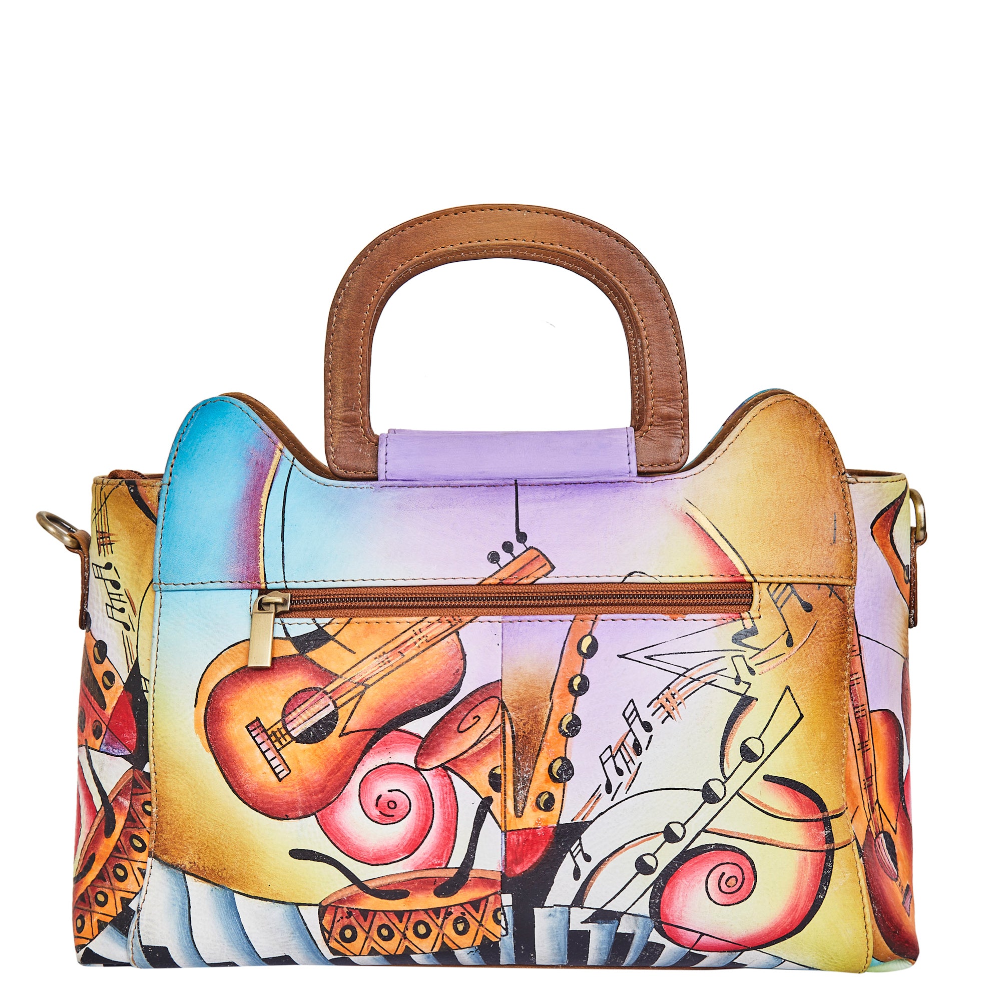 Sishka Hand-Painted Women's Leather Satchel – Brown Shoulder Purse with Music Art & Adjustable Strap for Everyday Use.
