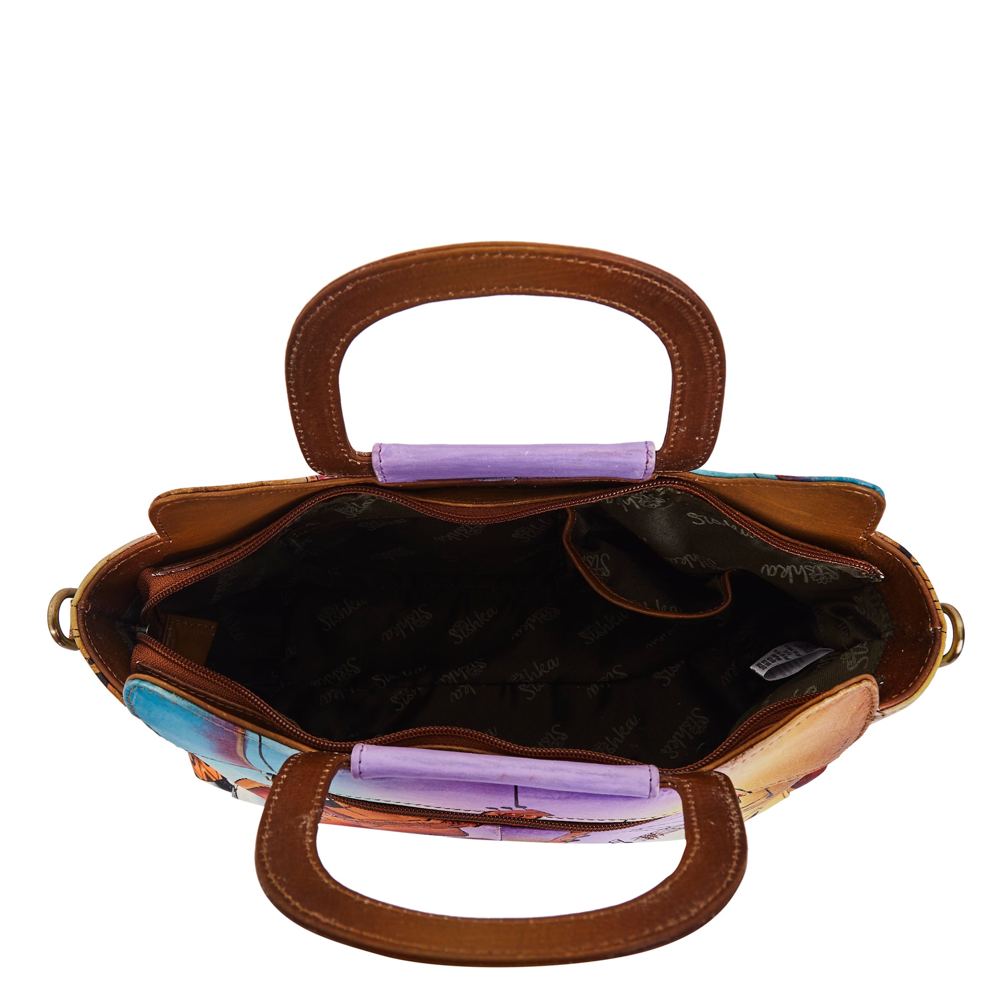 Sishka Hand-Painted Women's Leather Satchel – Brown Shoulder Purse with Music Art & Adjustable Strap for Everyday Use.