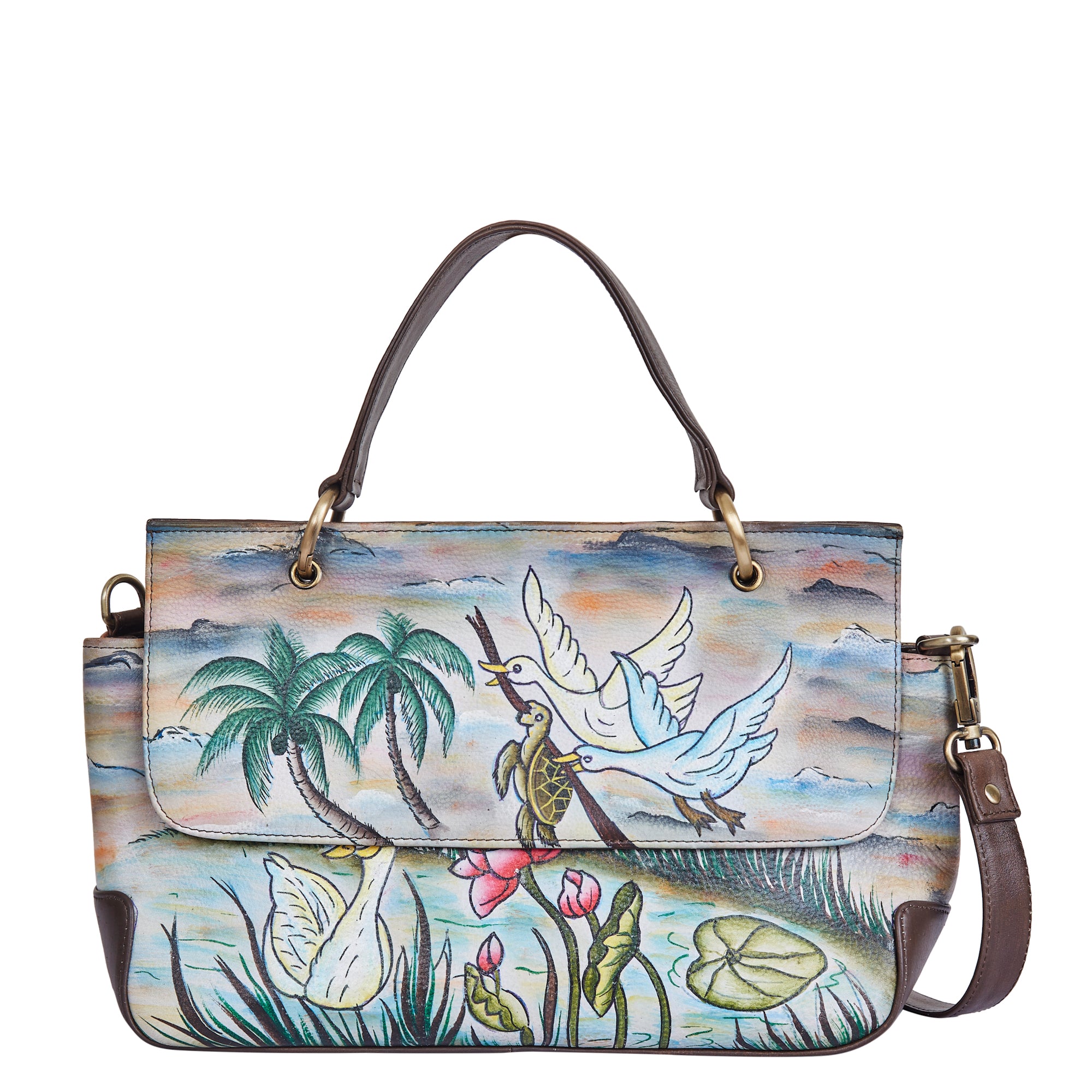 Sishka Hand-Painted Leather Satchel Bag – Elegant Swan & Turtle Art, Nature-Inspired Shoulder Purse, Stylish & Spacious Design.