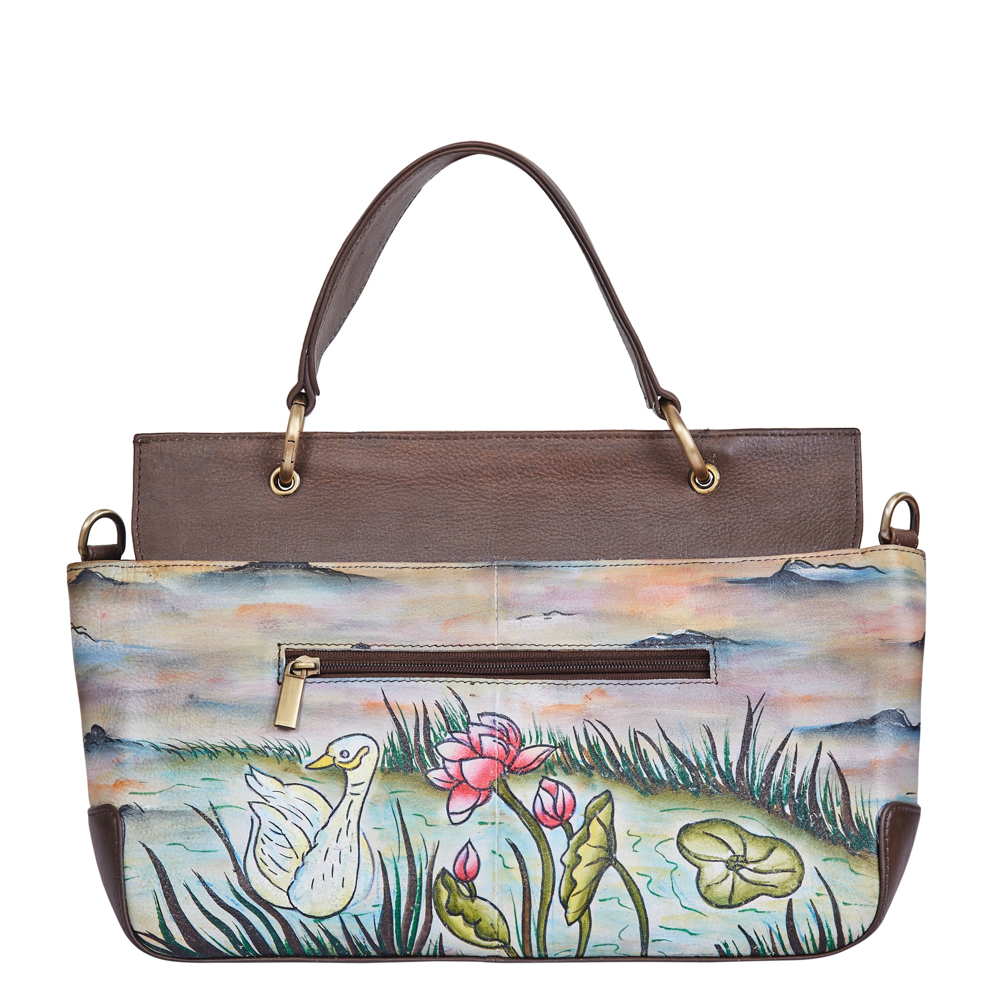Sishka Hand-Painted Leather Satchel Bag – Elegant Swan & Turtle Art, Nature-Inspired Shoulder Purse, Stylish & Spacious Design.
