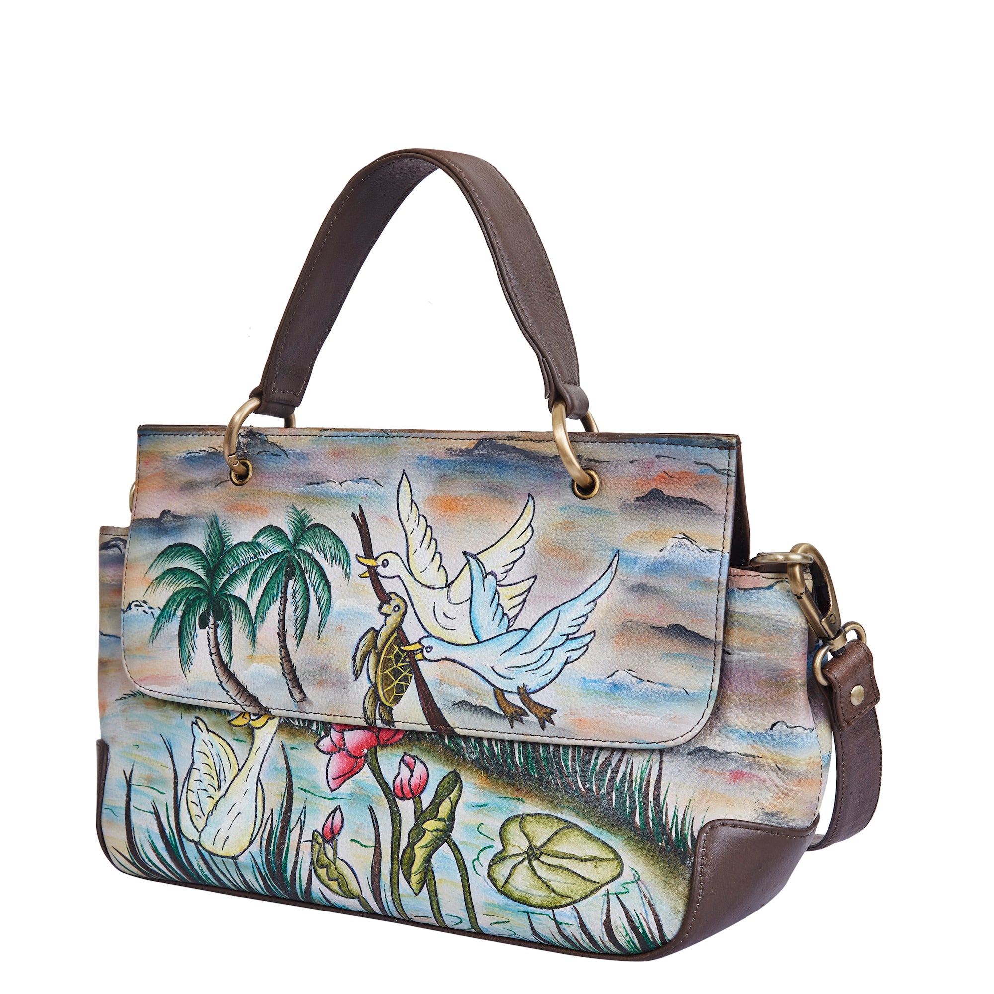Sishka Hand-Painted Leather Satchel Bag – Elegant Swan & Turtle Art, Nature-Inspired Shoulder Purse, Stylish & Spacious Design.