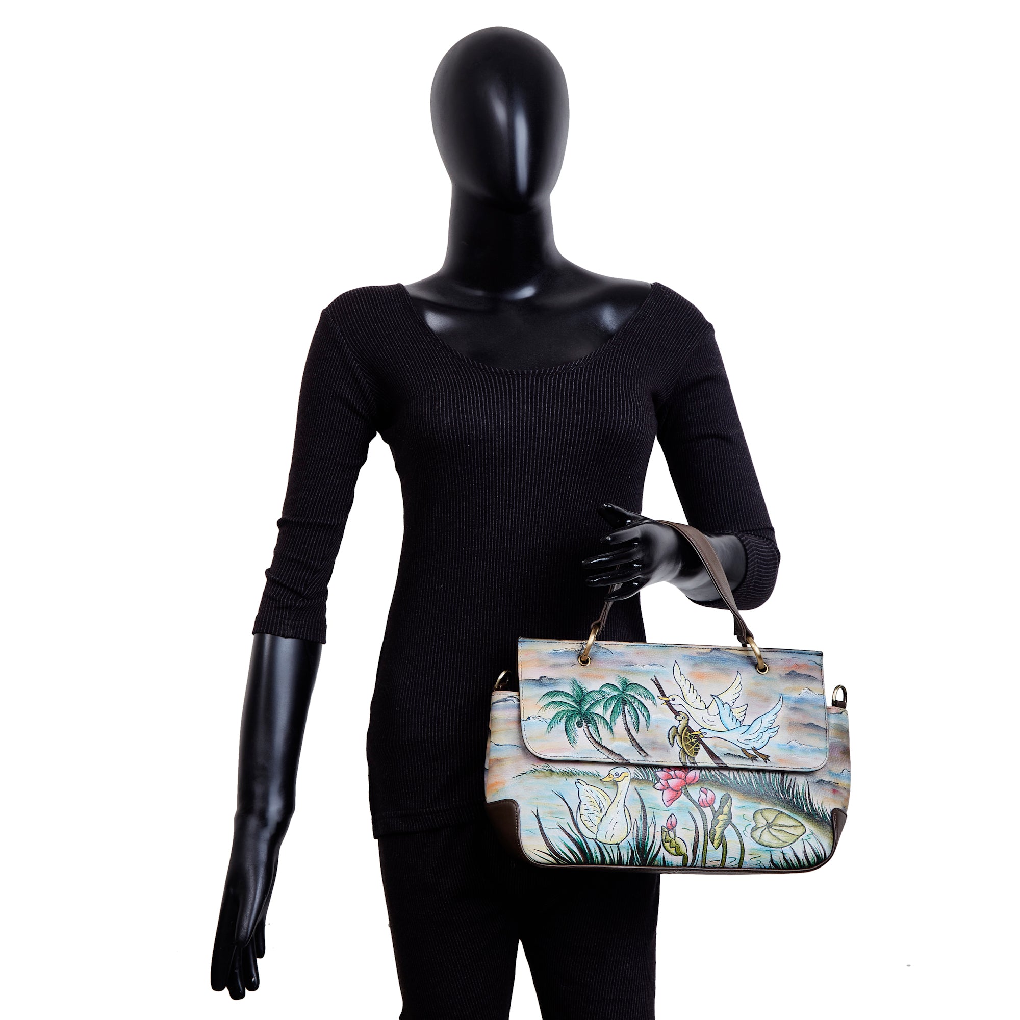 Sishka Hand-Painted Leather Satchel Bag – Elegant Swan & Turtle Art, Nature-Inspired Shoulder Purse, Stylish & Spacious Design.
