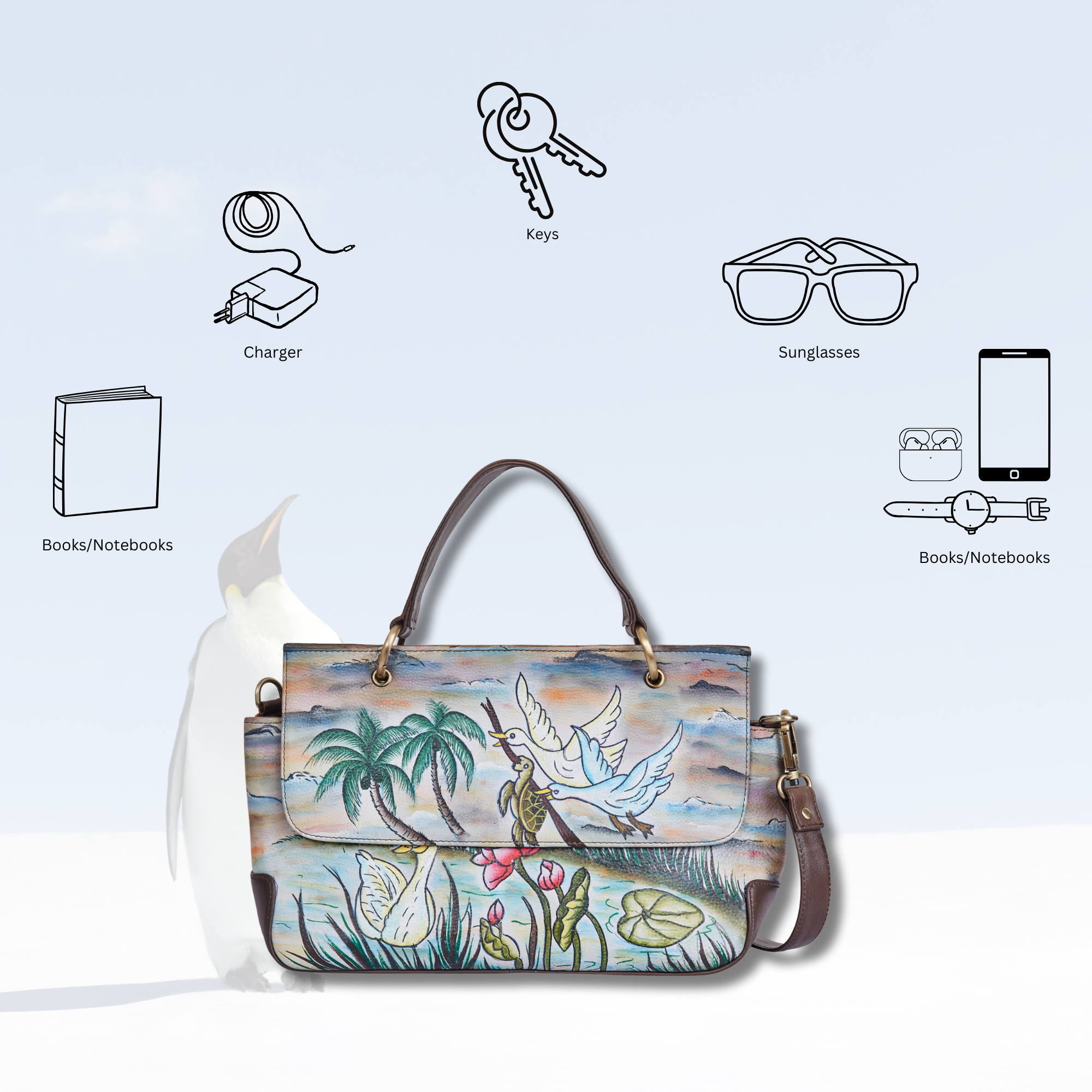 Sishka Hand-Painted Leather Satchel Bag – Elegant Swan & Turtle Art, Nature-Inspired Shoulder Purse, Stylish & Spacious Design.