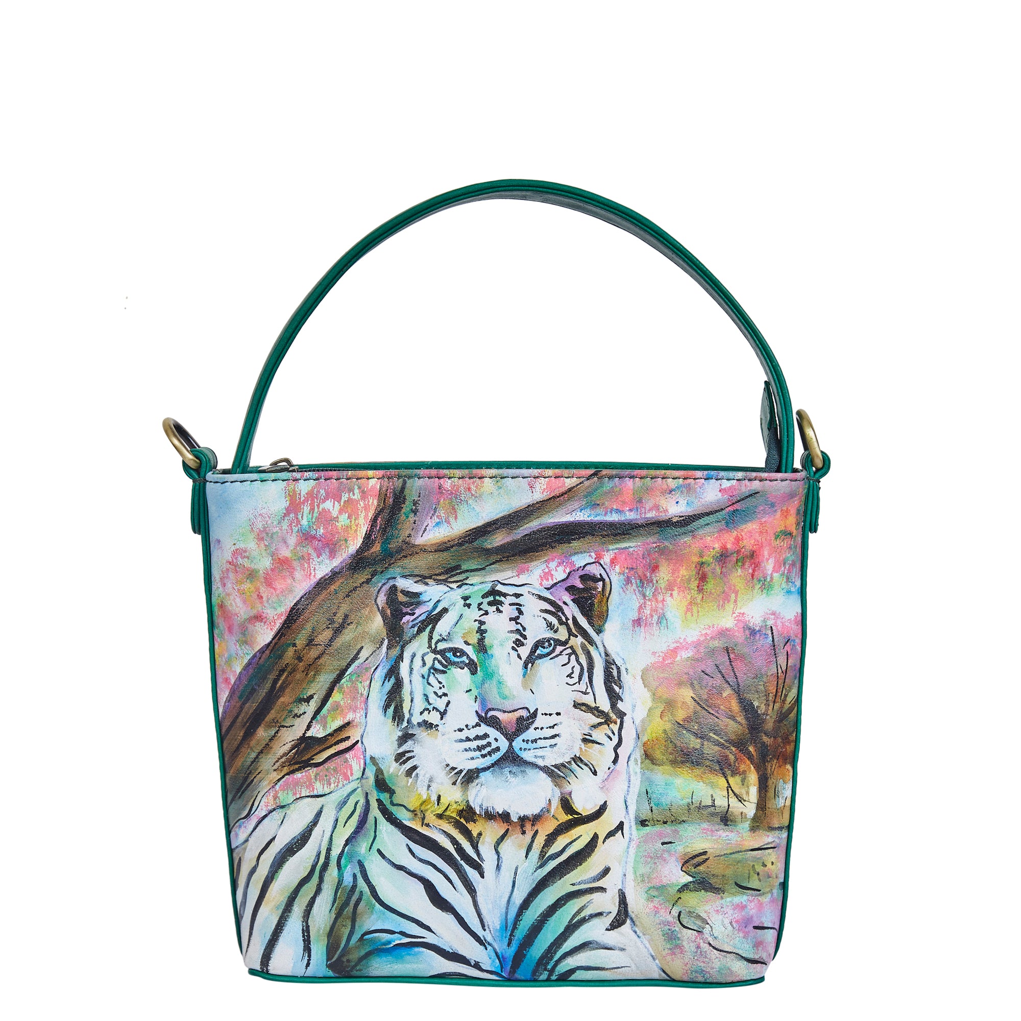Hand-Painted Leather Satchel Bag – Majestic Tiger Art, Stylish Shoulder Purse