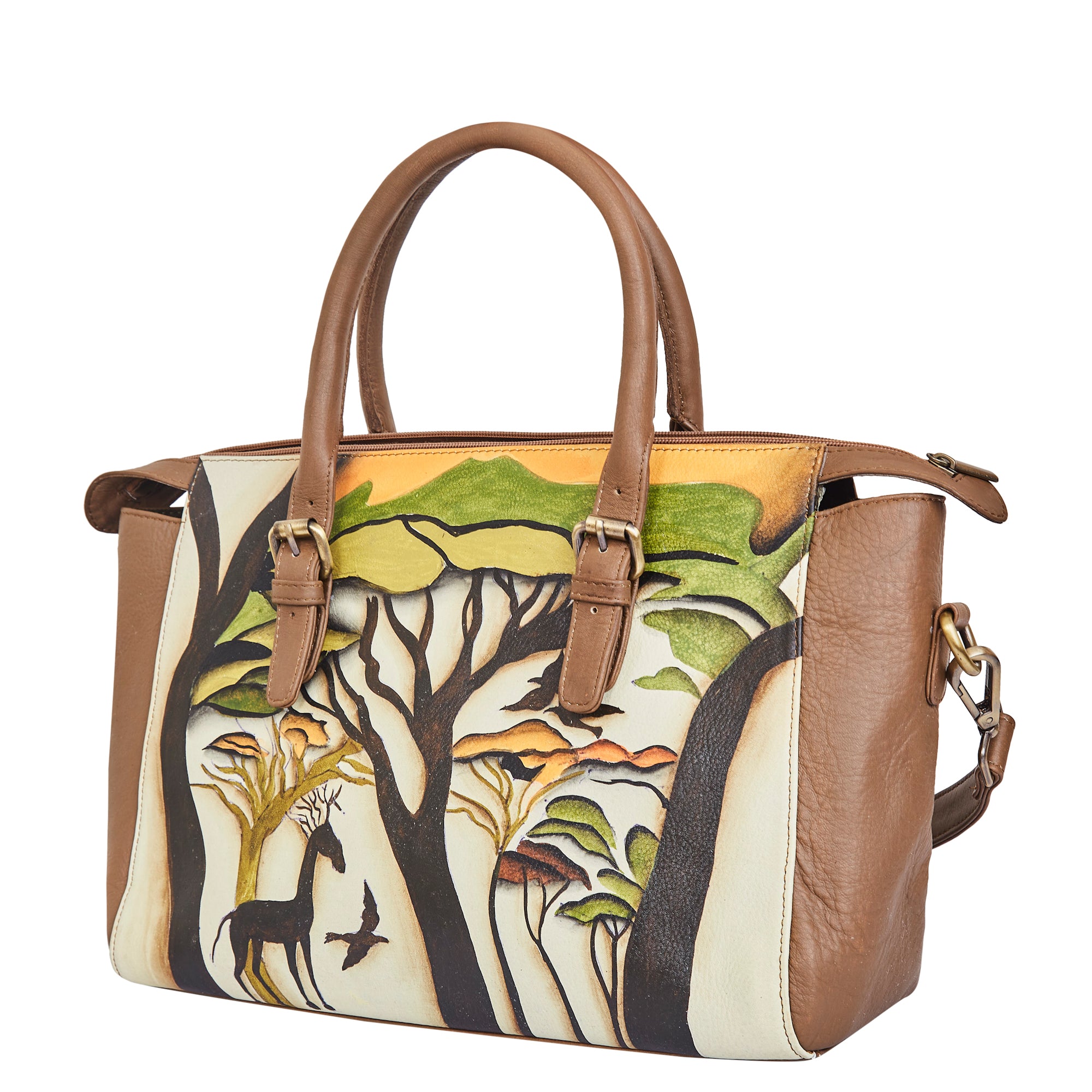 Hand-Painted Leather Satchel – Brown Shoulder Purse with Wild Art
