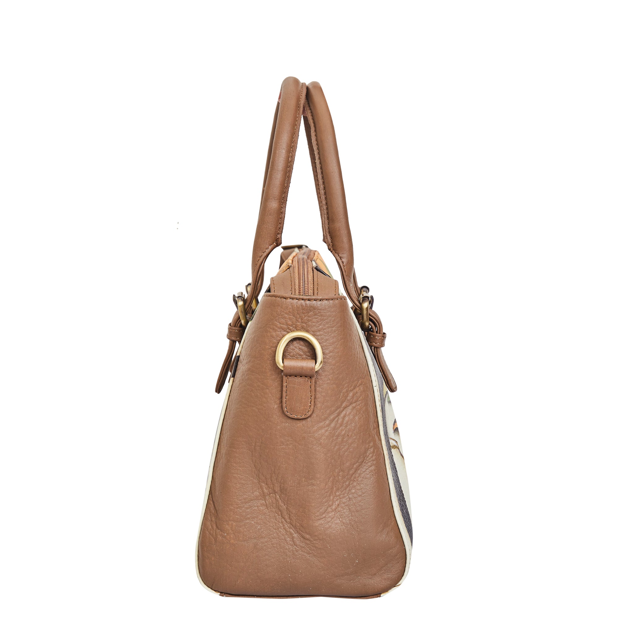 Hand-Painted Leather Satchel – Brown Shoulder Purse with Wild Art