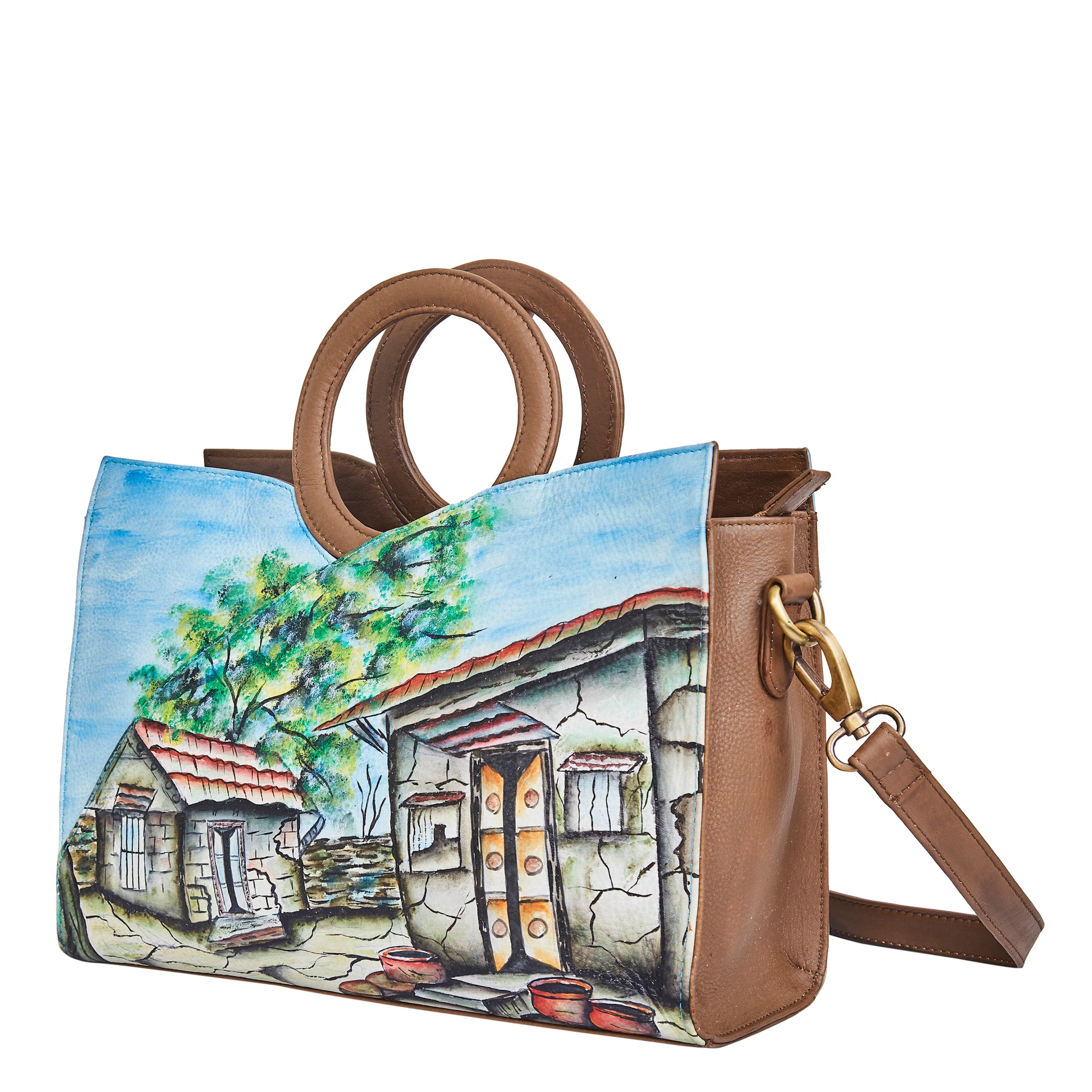 Hut Art Hand-Painted Leather Tote Satchel Bag with Adjustable Strap