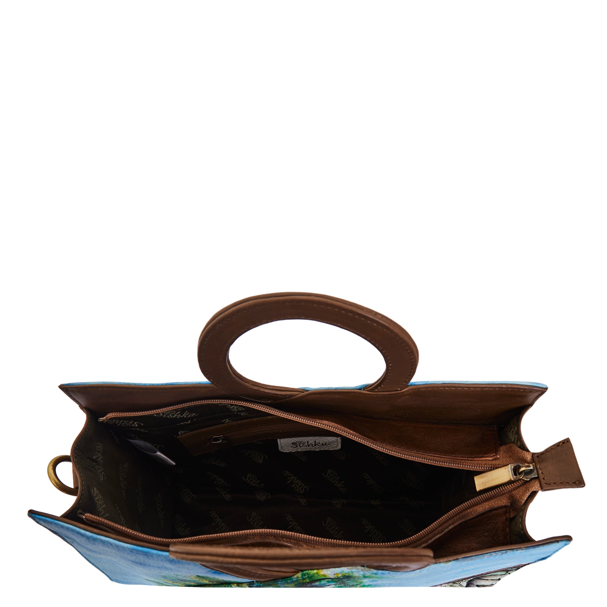 Hut Art Hand-Painted Leather Tote Satchel Bag with Adjustable Strap