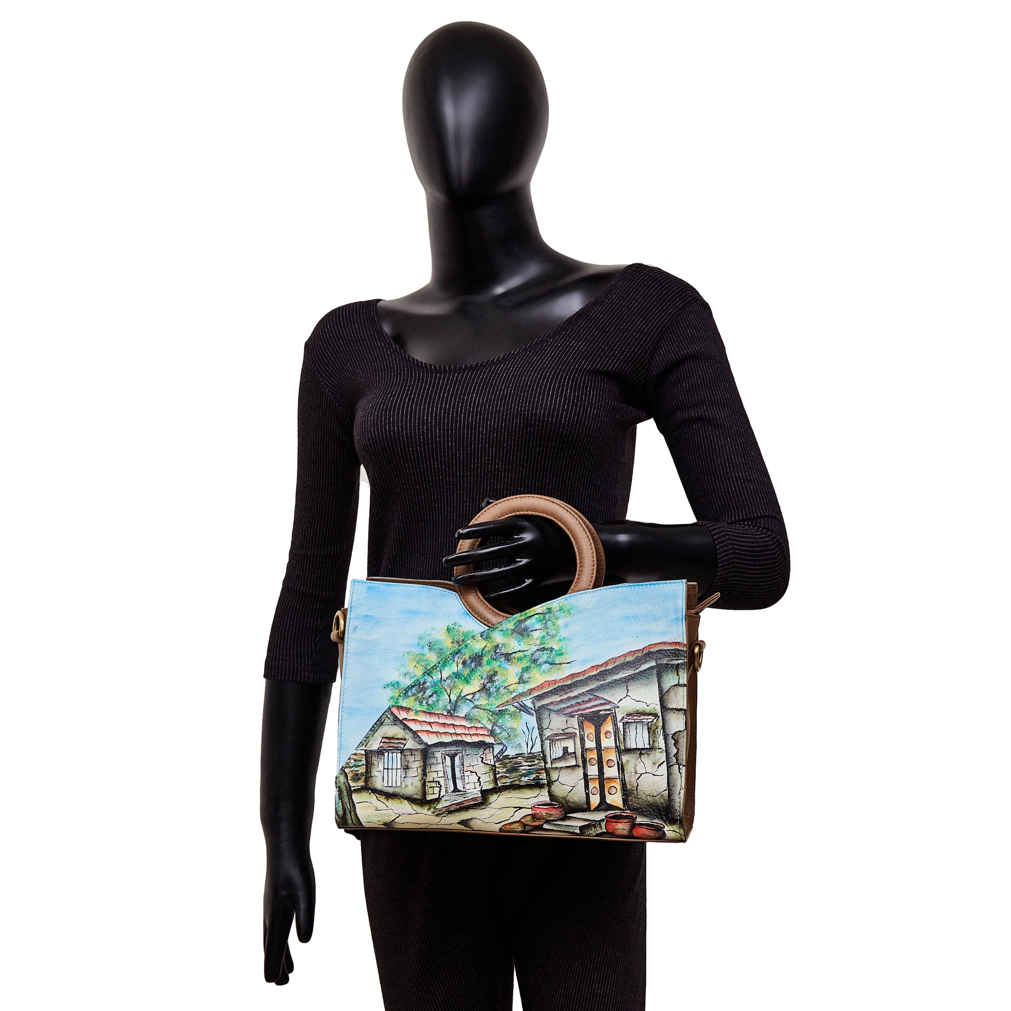 Hut Art Hand-Painted Leather Tote Satchel Bag with Adjustable Strap