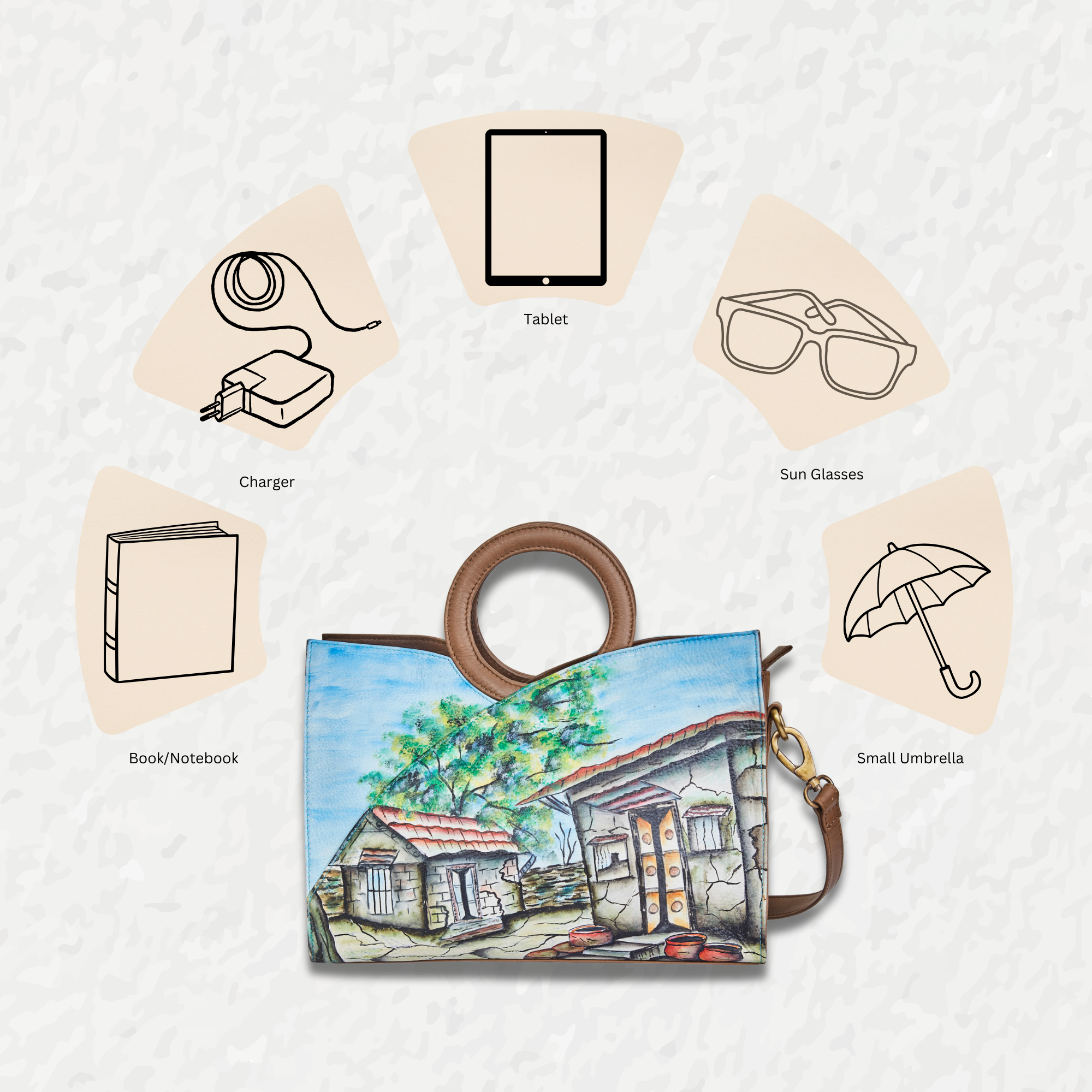 Hut Art Hand-Painted Leather Tote Satchel Bag with Adjustable Strap