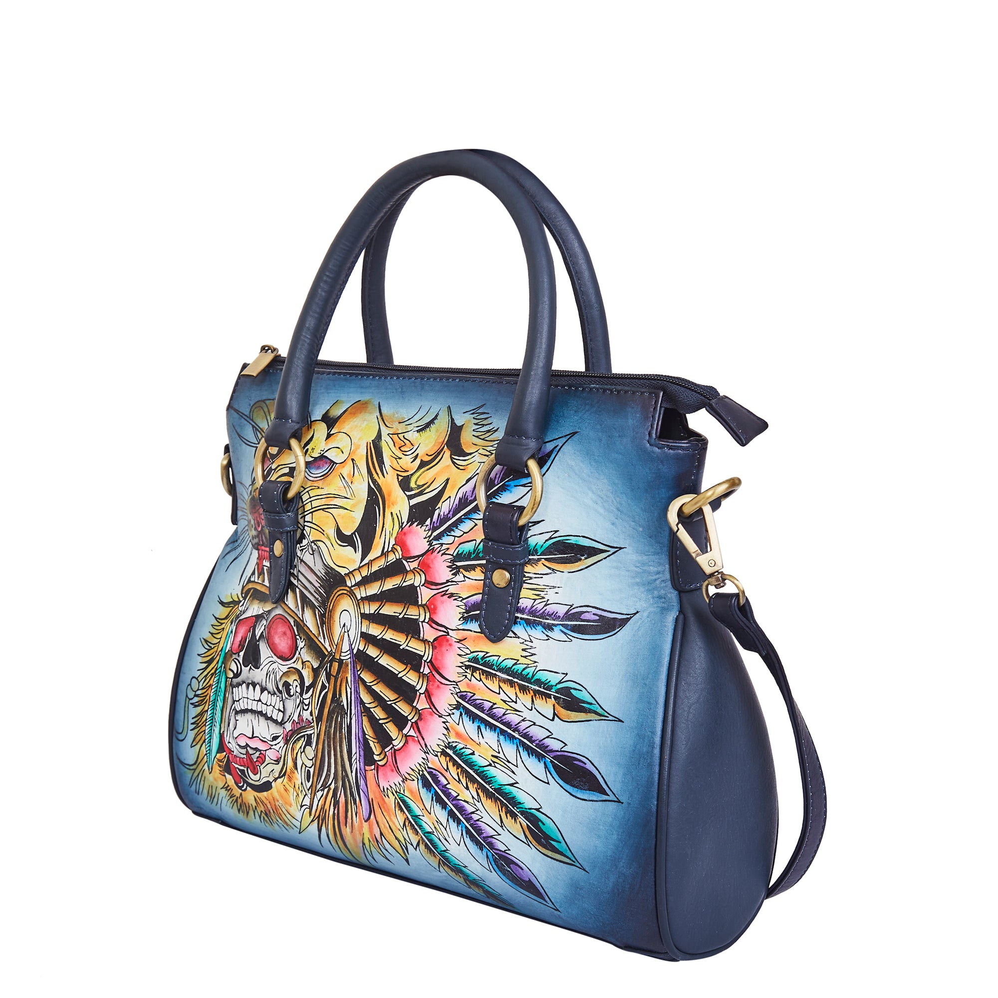 Hand Painted Tribal Skull & Tiger Leather Tote Bag