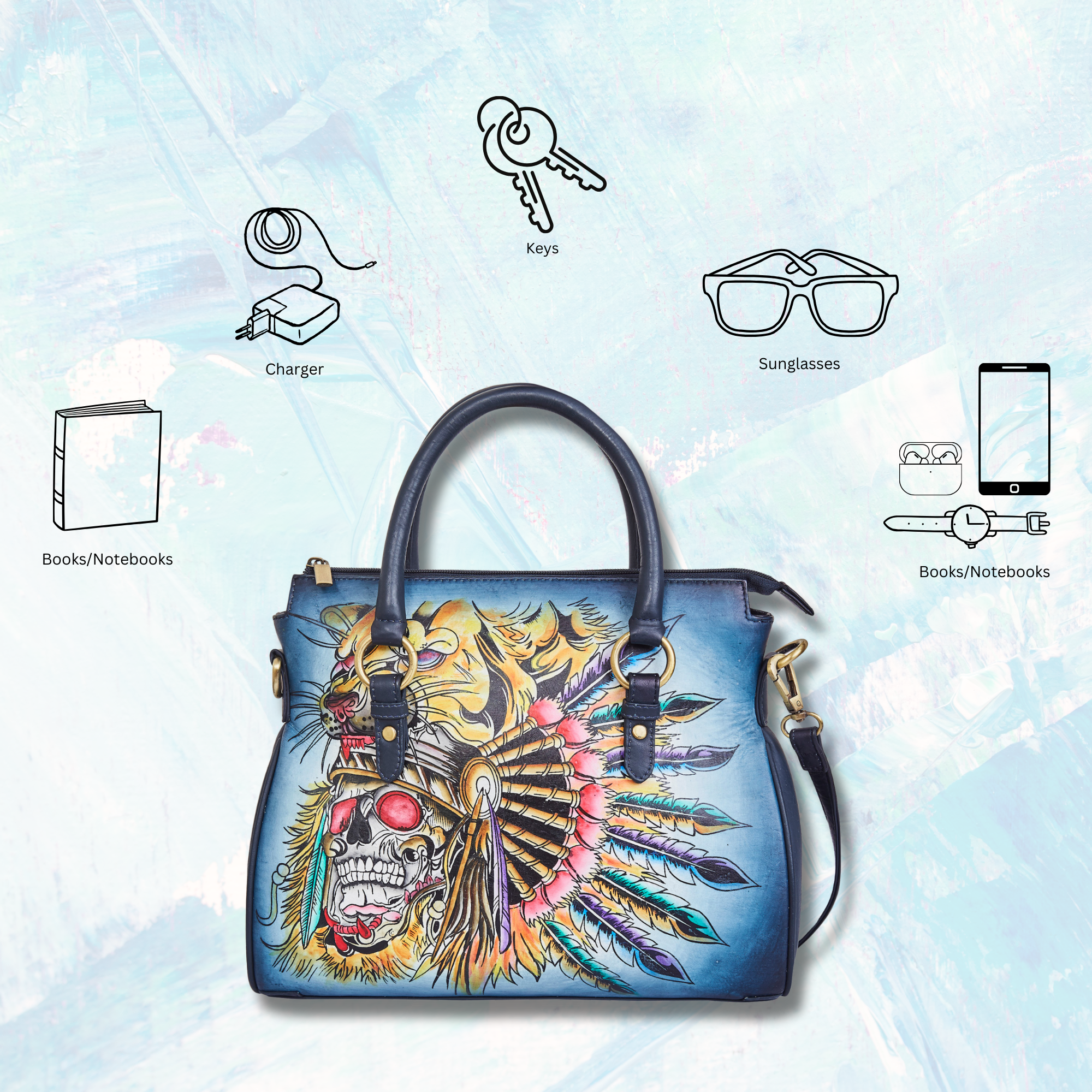 Hand Painted Tribal Skull & Tiger Leather Tote Bag