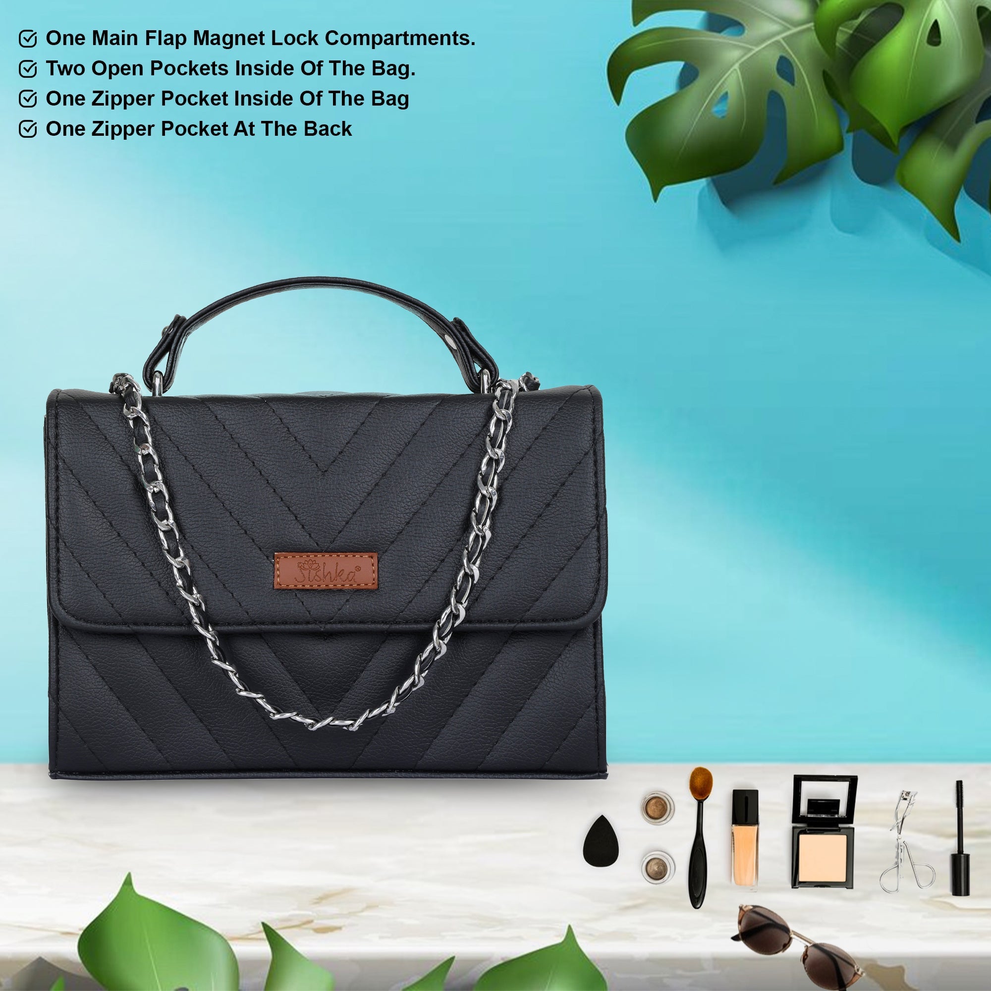 Black Quilted Leather Sling Bag – Women’s Chain Strap Shoulder Purse
