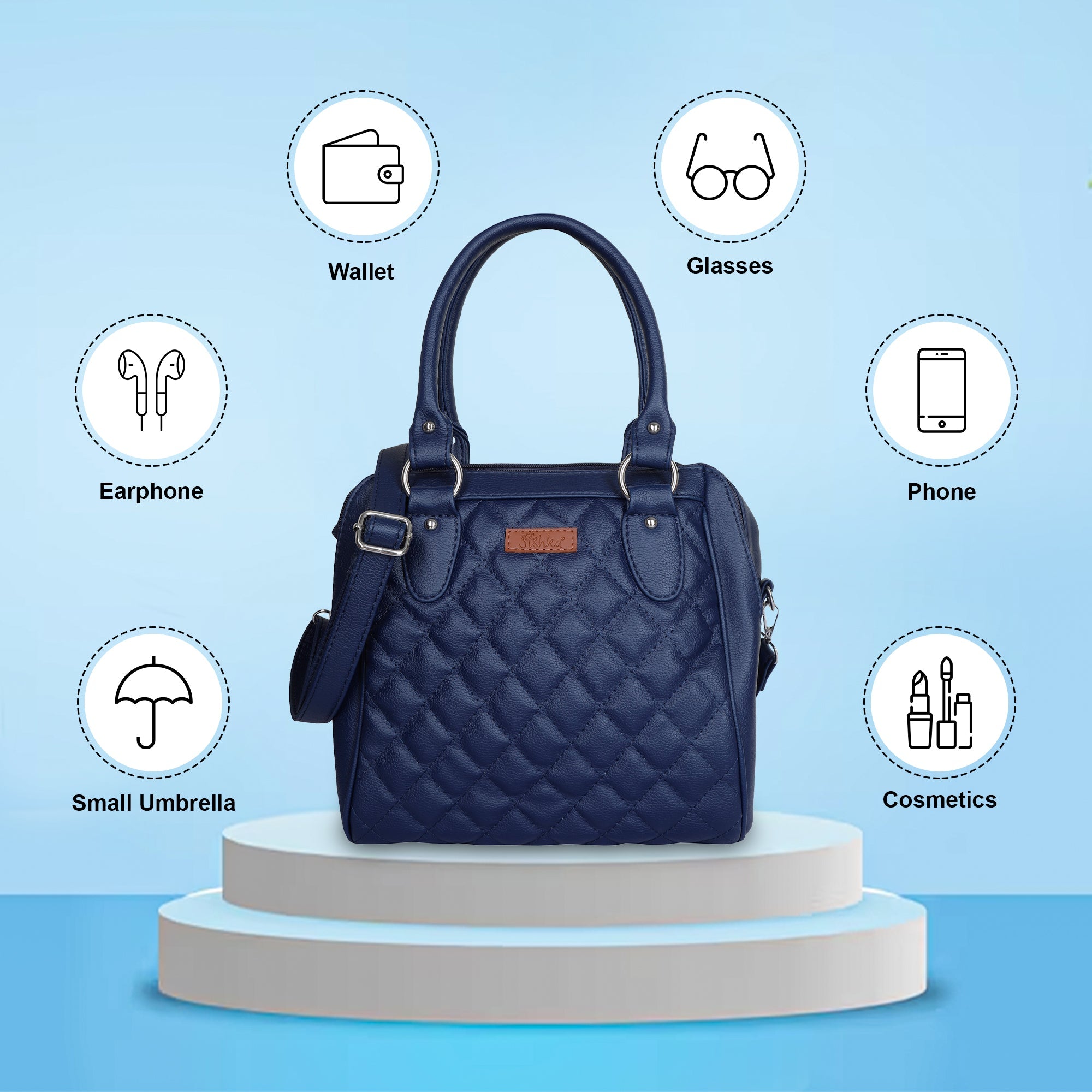 Blue Vegan Leather Handbag – Women’s Top Handle Satchel with Shoulder Strap
