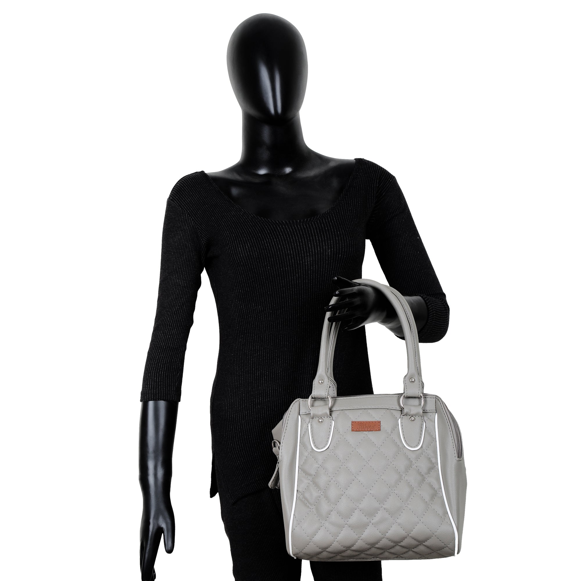 Grey Vegan Leather Handbag – Women’s Top Handle Satchel with Shoulder Strap