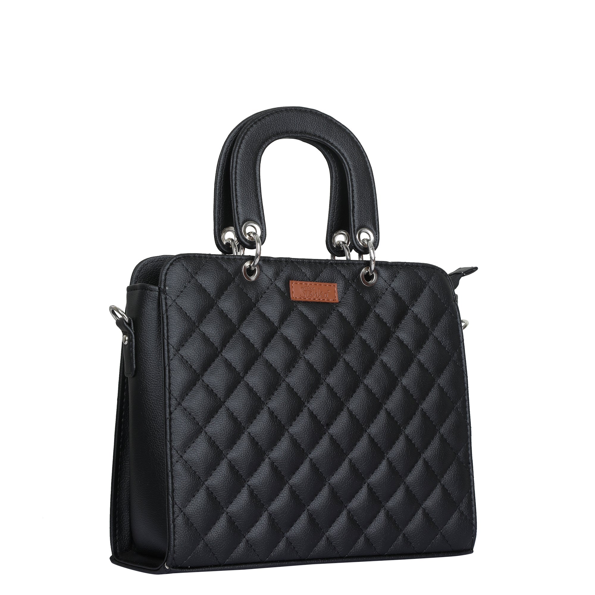 Black Quilted Faux Leather Tote Bag – Women’s Top Handle Satchel Handbag
