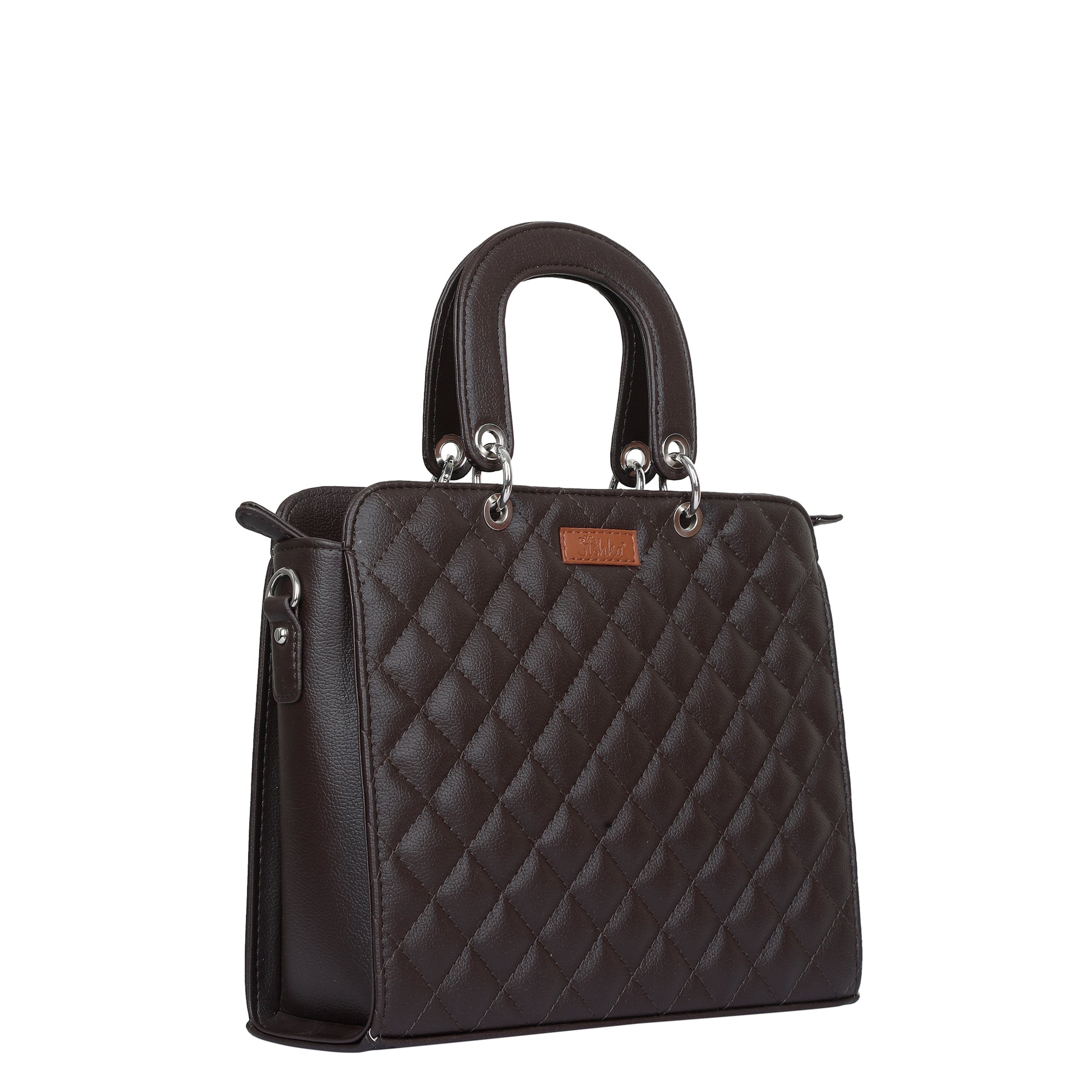 Brown Quilted Faux Leather Tote Bag – Women’s Top Handle Satchel Handbag