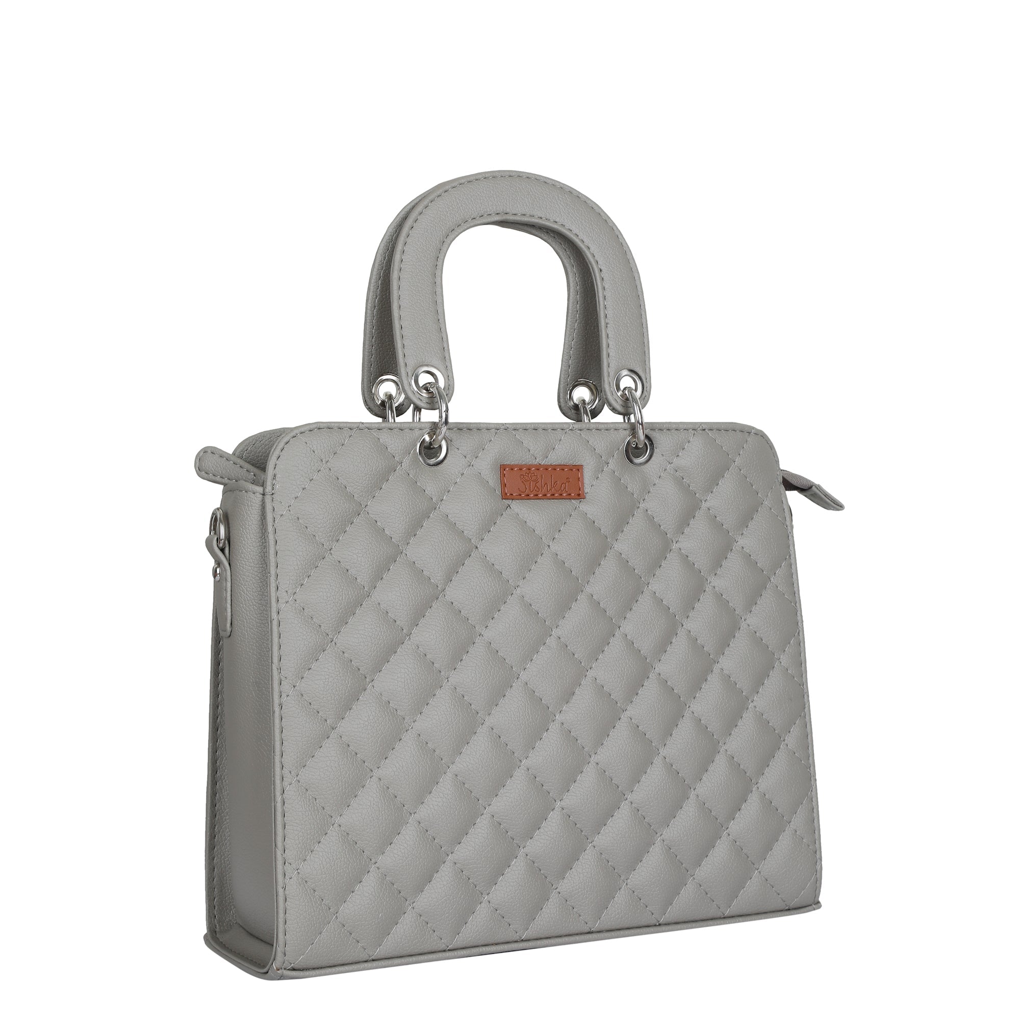 Grey Quilted Faux Leather Tote Bag – Women’s Top Handle Satchel Handbag