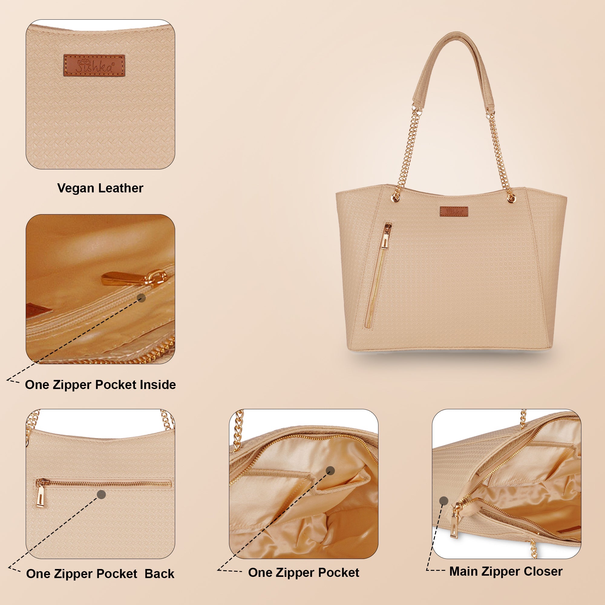 Sishka Beige Satchel Handbag for Women – Vegan Leather Top Handle Tote & Shoulder Bag