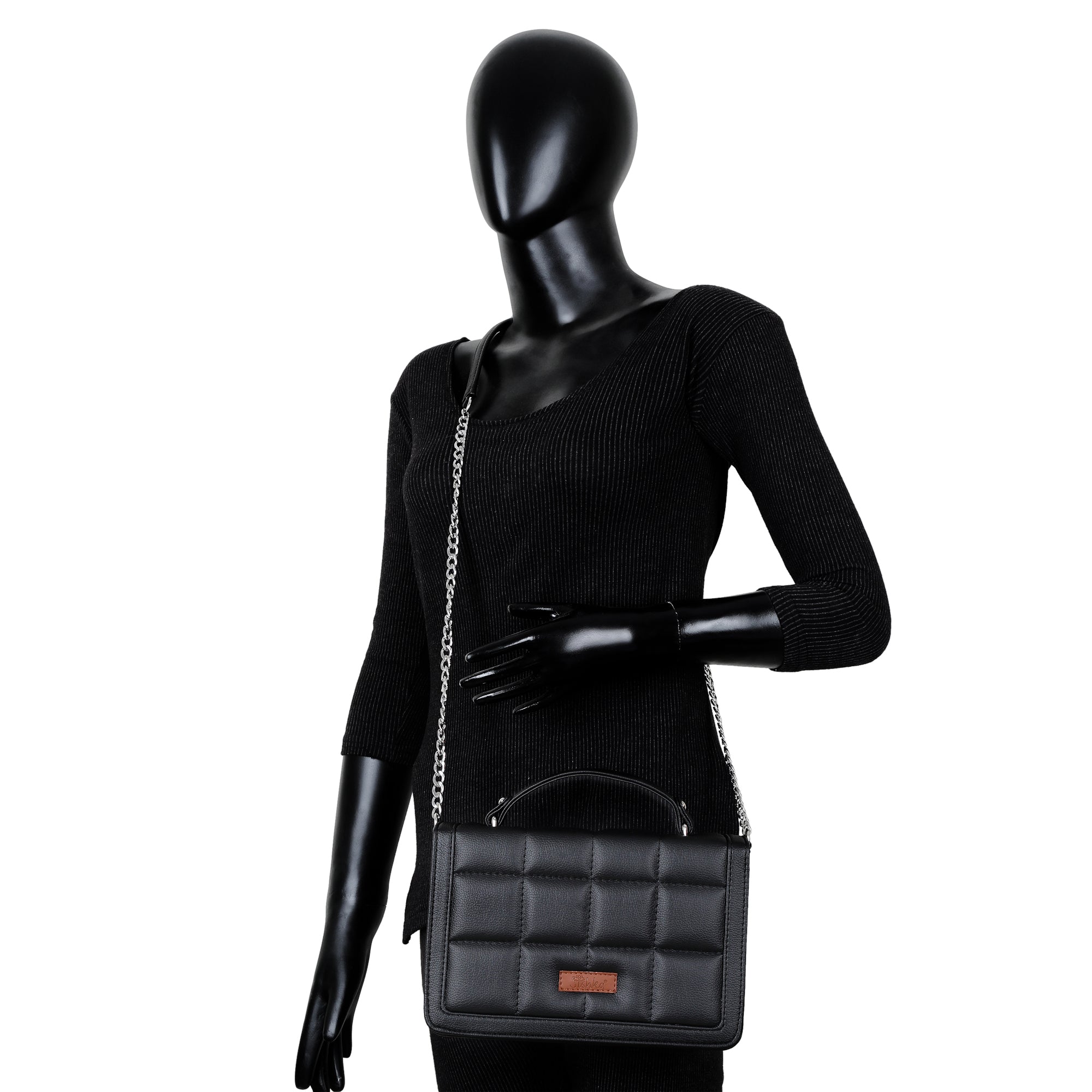 Black Faux Leather Crossbody Sling Bag – Women’s Chain Strap Shoulder Handbag
