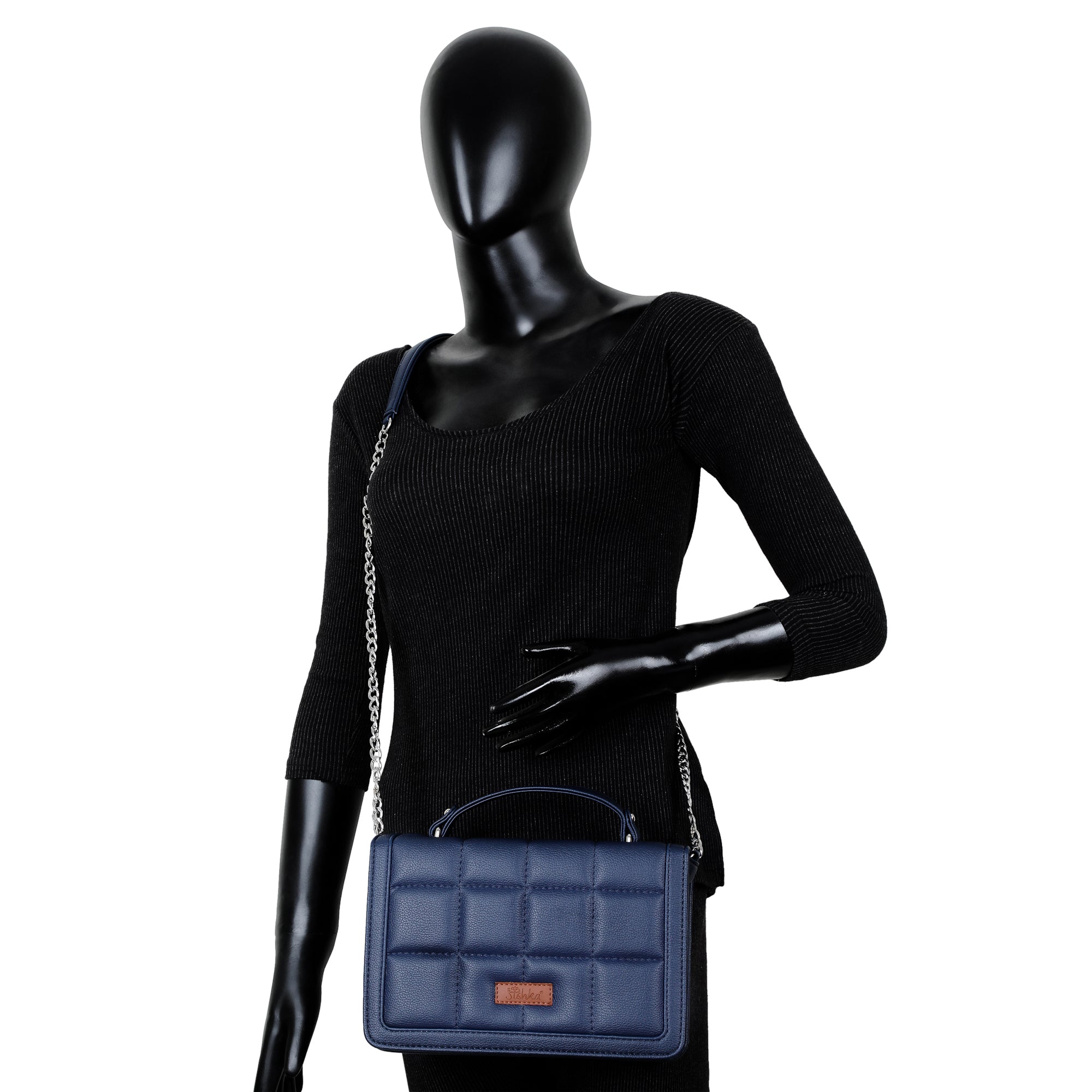 Blue Faux Leather Crossbody Sling Bag – Women’s Chain Strap Shoulder Handbag