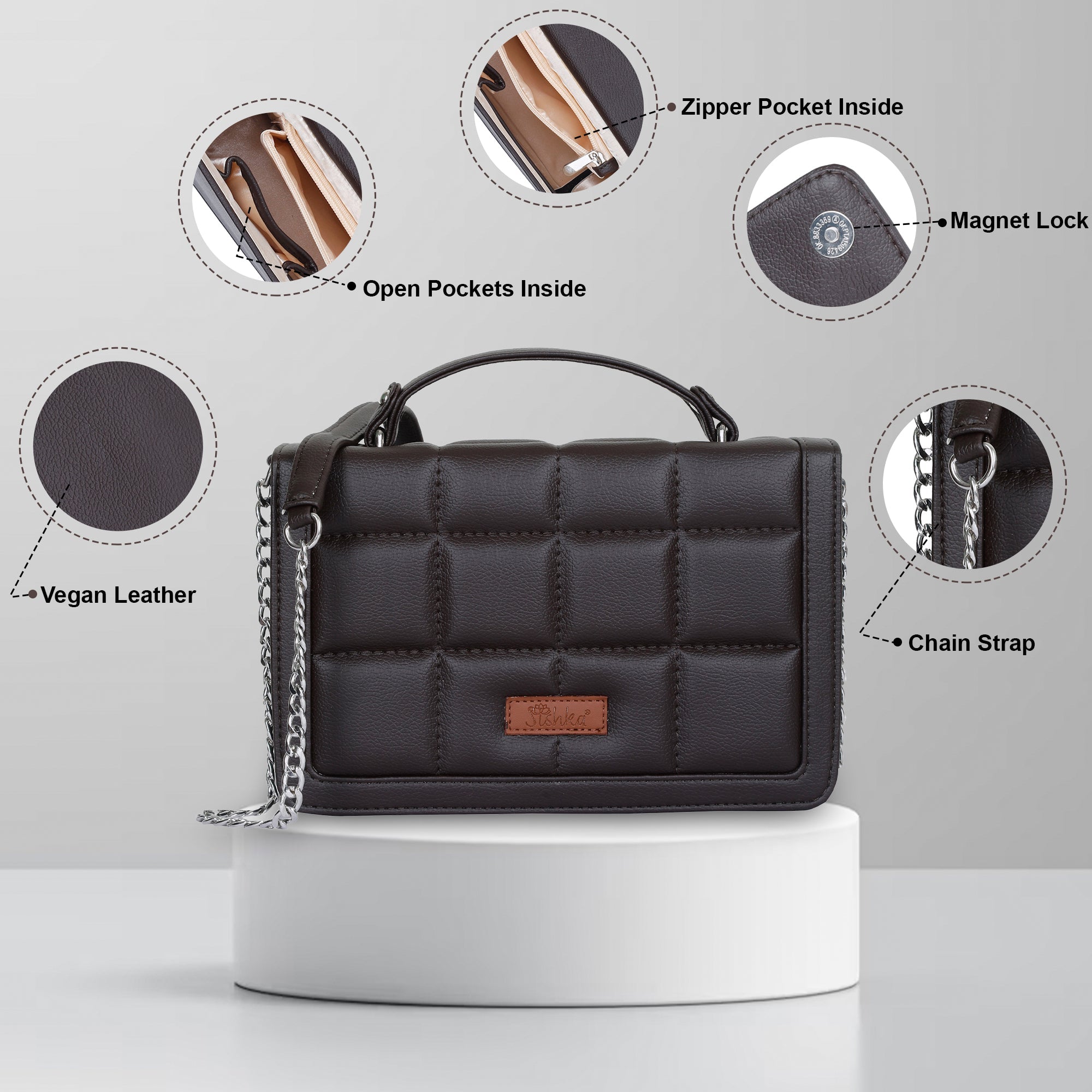 Brown Faux Leather Crossbody Sling Bag – Women’s Chain Strap Shoulder Handbag