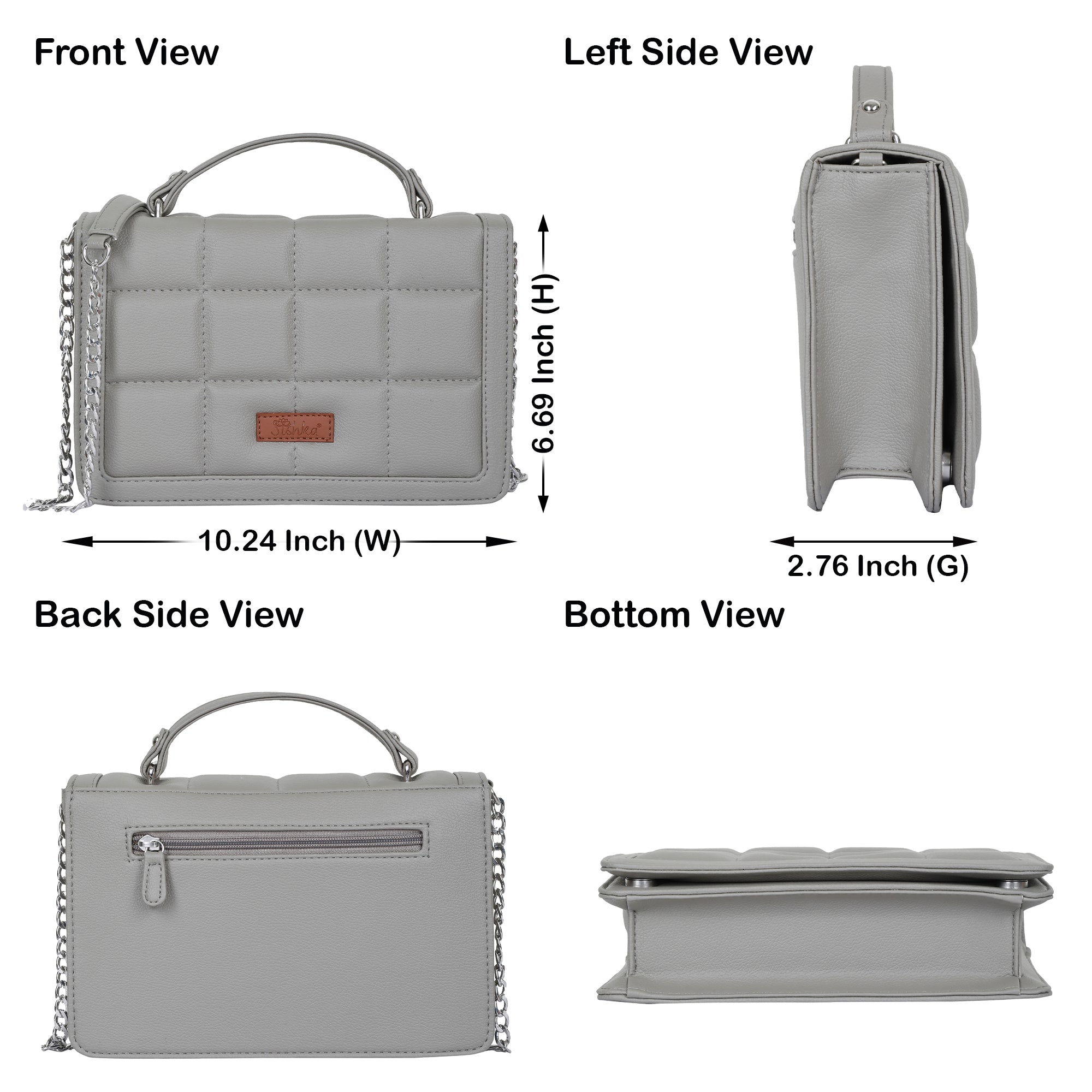 Grey Faux Leather Crossbody Sling Bag – Women’s Chain Strap Shoulder Handbag