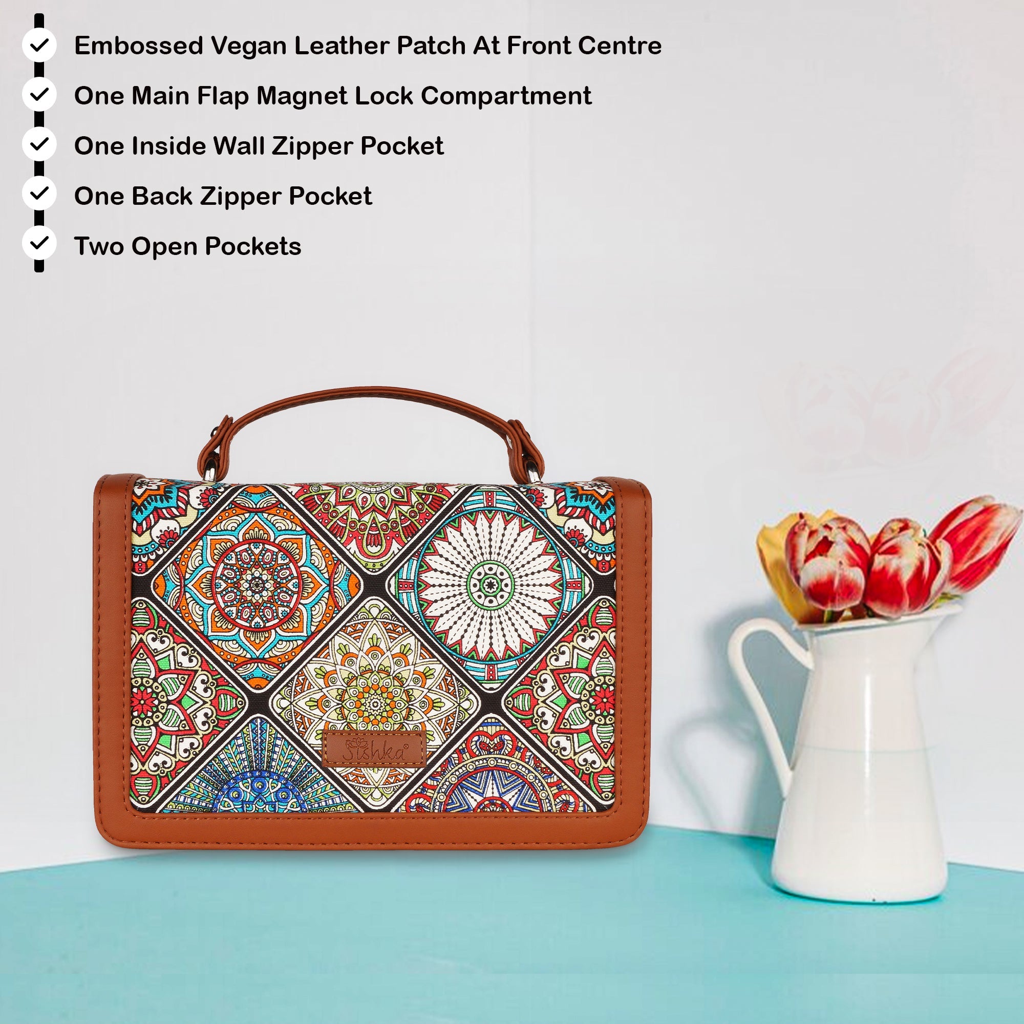 Sishka Multicolour Canvas Crossbody Sling Bag with Chain Strap & Top Handle