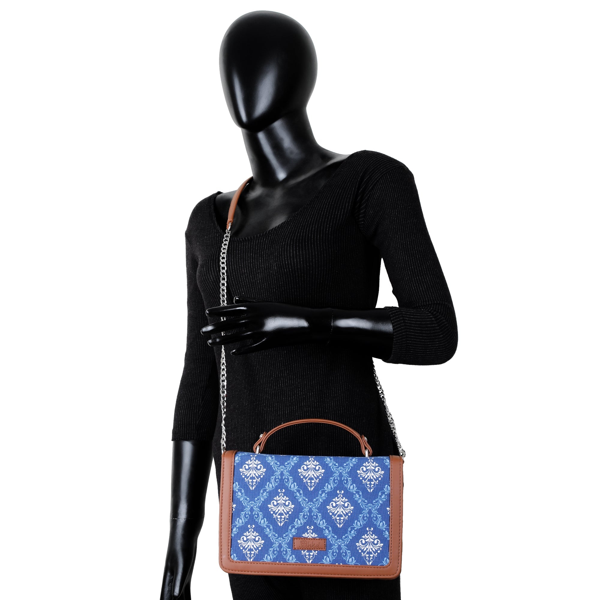Sishka Blue Crossbody Sling Bag–Canvas Purse with Chain Strap & Handle for Women