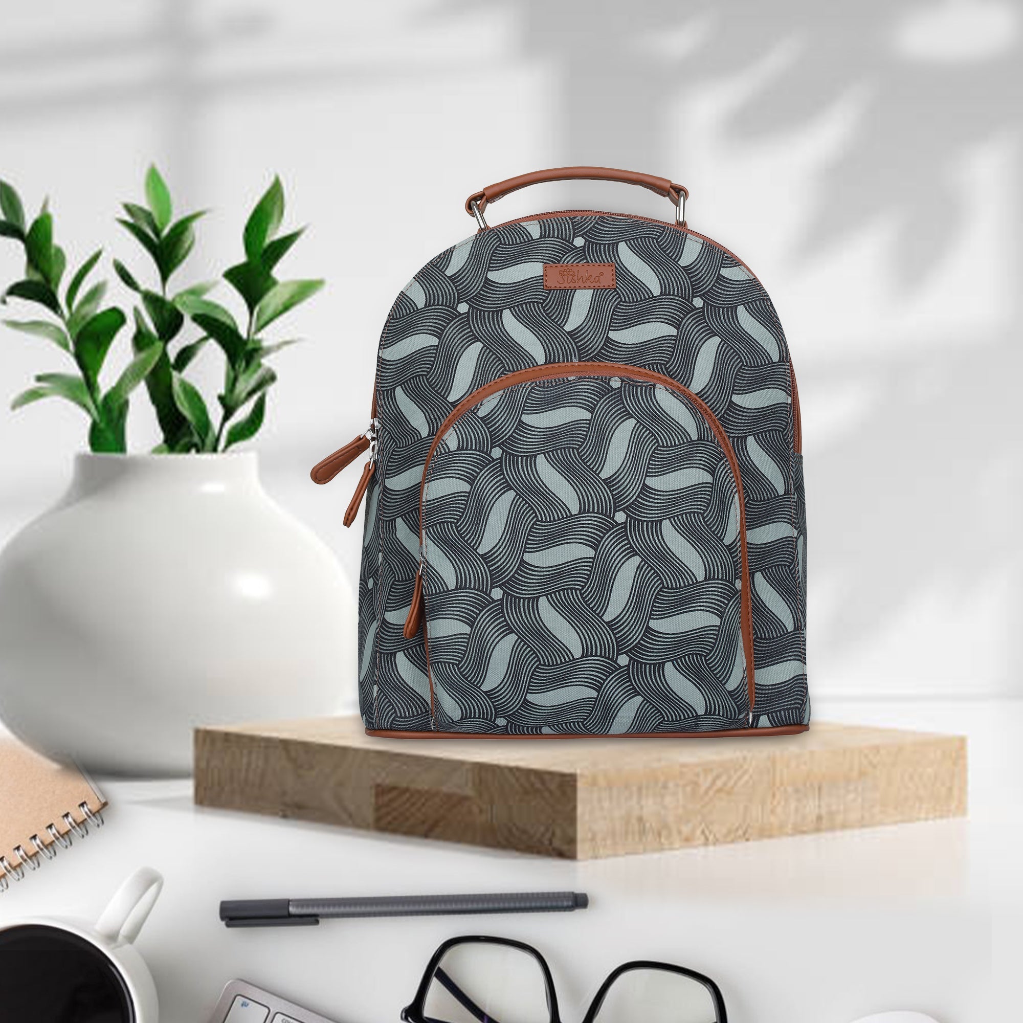 Handcrafted Printed Backpack – Faux Leather Trim & Stylish Fabric Bag
