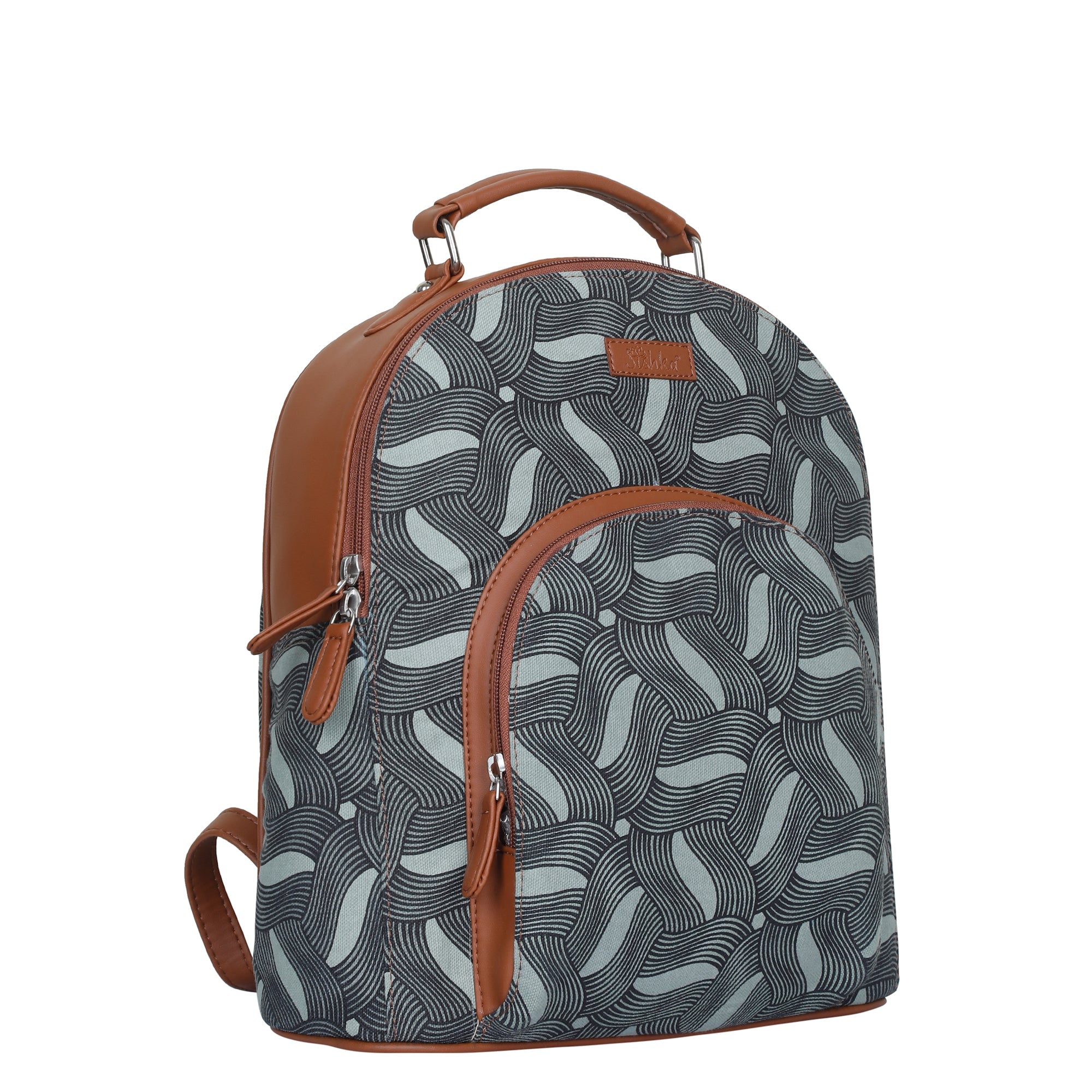 Handcrafted Printed Backpack – Faux Leather Trim & Stylish Fabric Bag