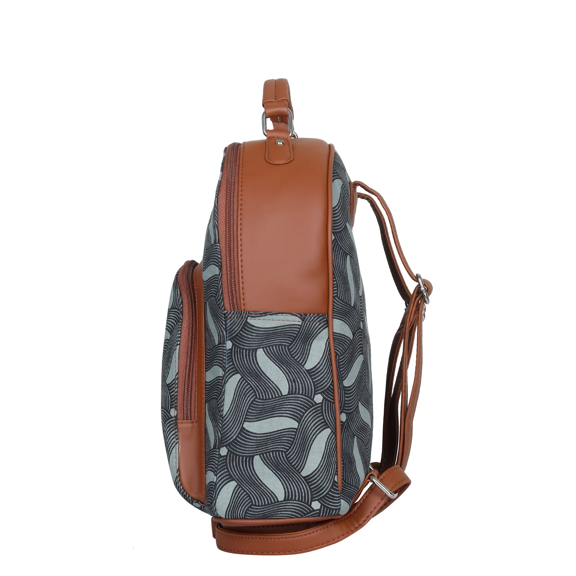 Handcrafted Printed Backpack – Faux Leather Trim & Stylish Fabric Bag