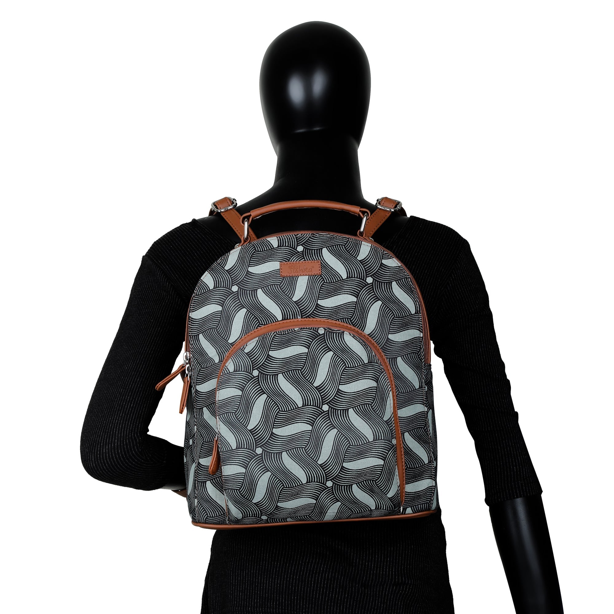Handcrafted Printed Backpack – Faux Leather Trim & Stylish Fabric Bag