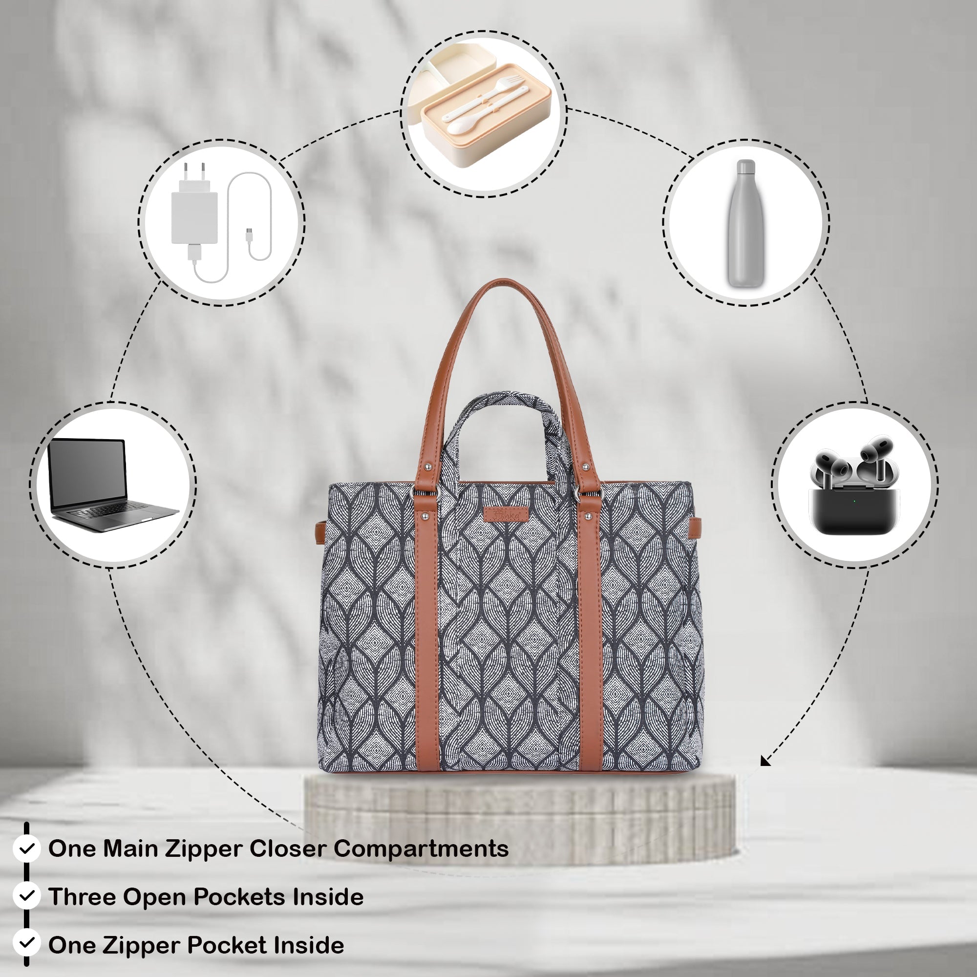 Monochrome Handcrafted Printed Tote Bag – Elegant Women’s Shoulder Purse with Vegan Handles