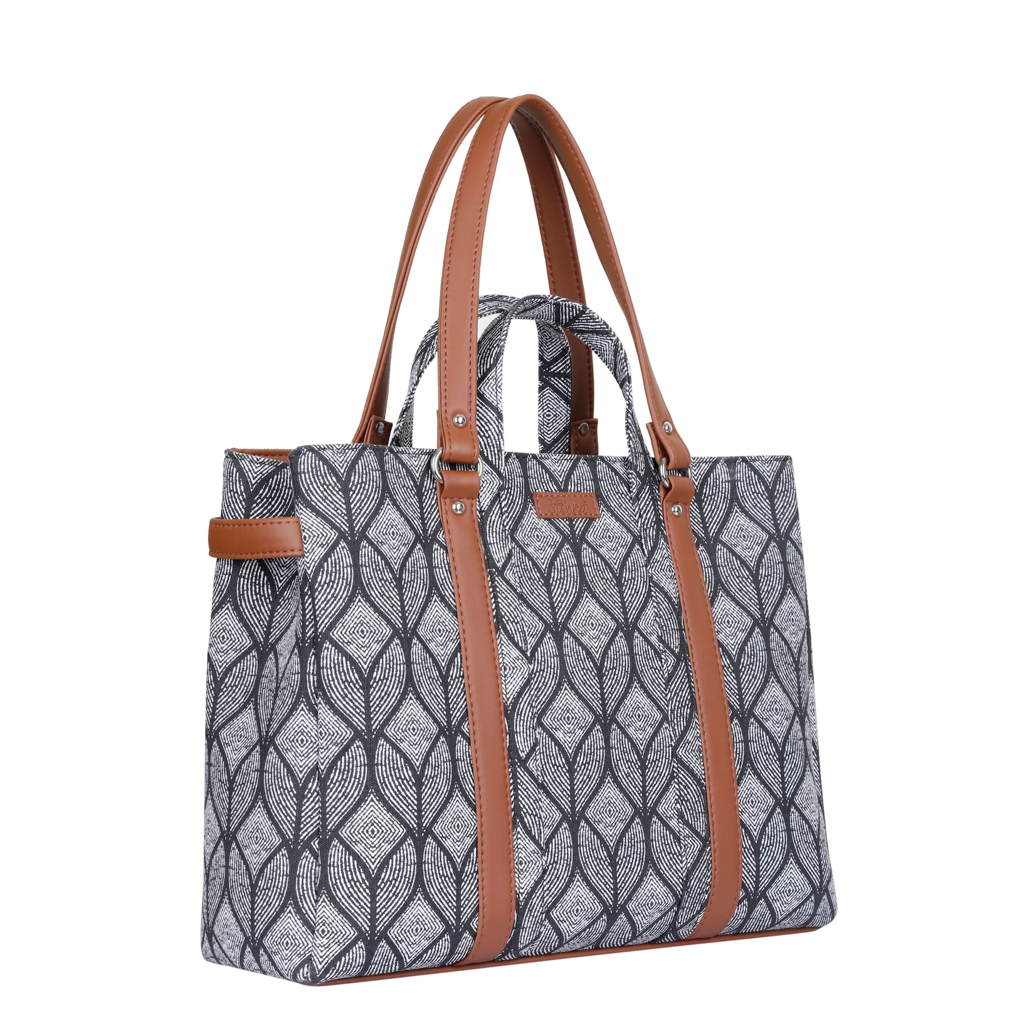 Monochrome Handcrafted Printed Tote Bag – Elegant Women’s Shoulder Purse with Vegan Handles